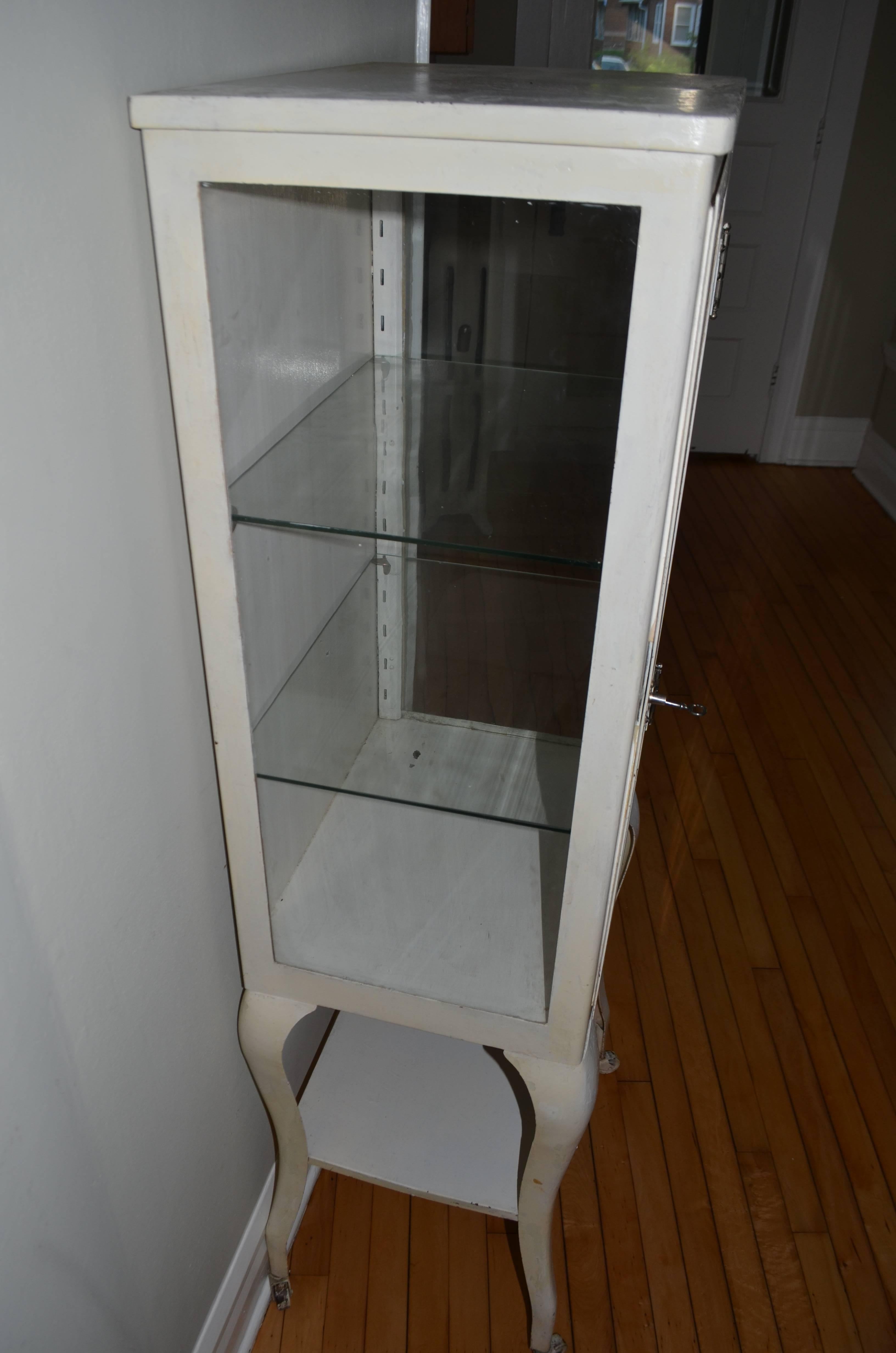 20th Century Apothecary Dental Medical Steel and Glass Antique Cabinet with Cabriole Legs