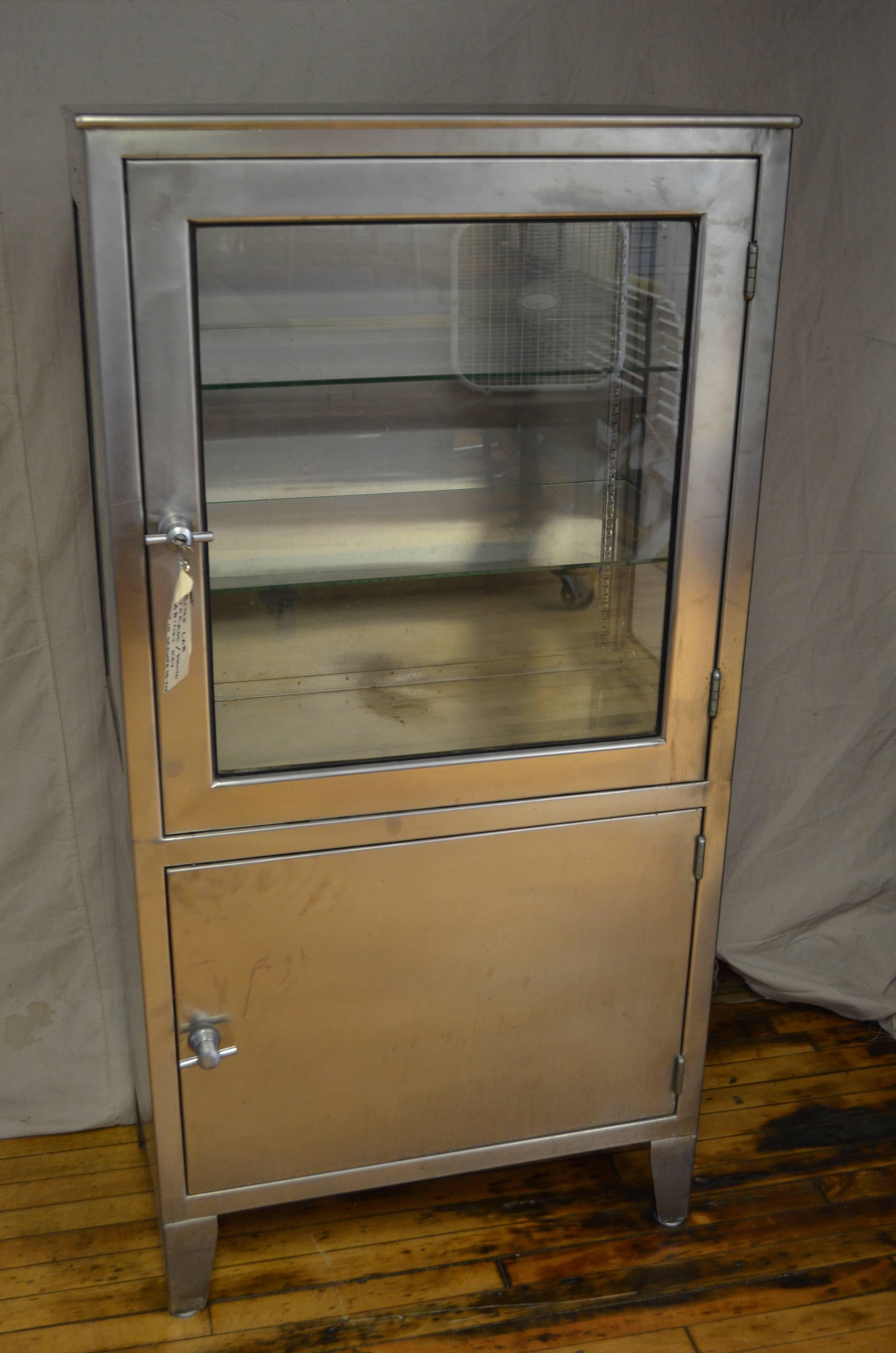 Medical Dental Lab Cabinet of Stainless Steel and Glass, Vintage Industrial  In Excellent Condition In Madison, WI