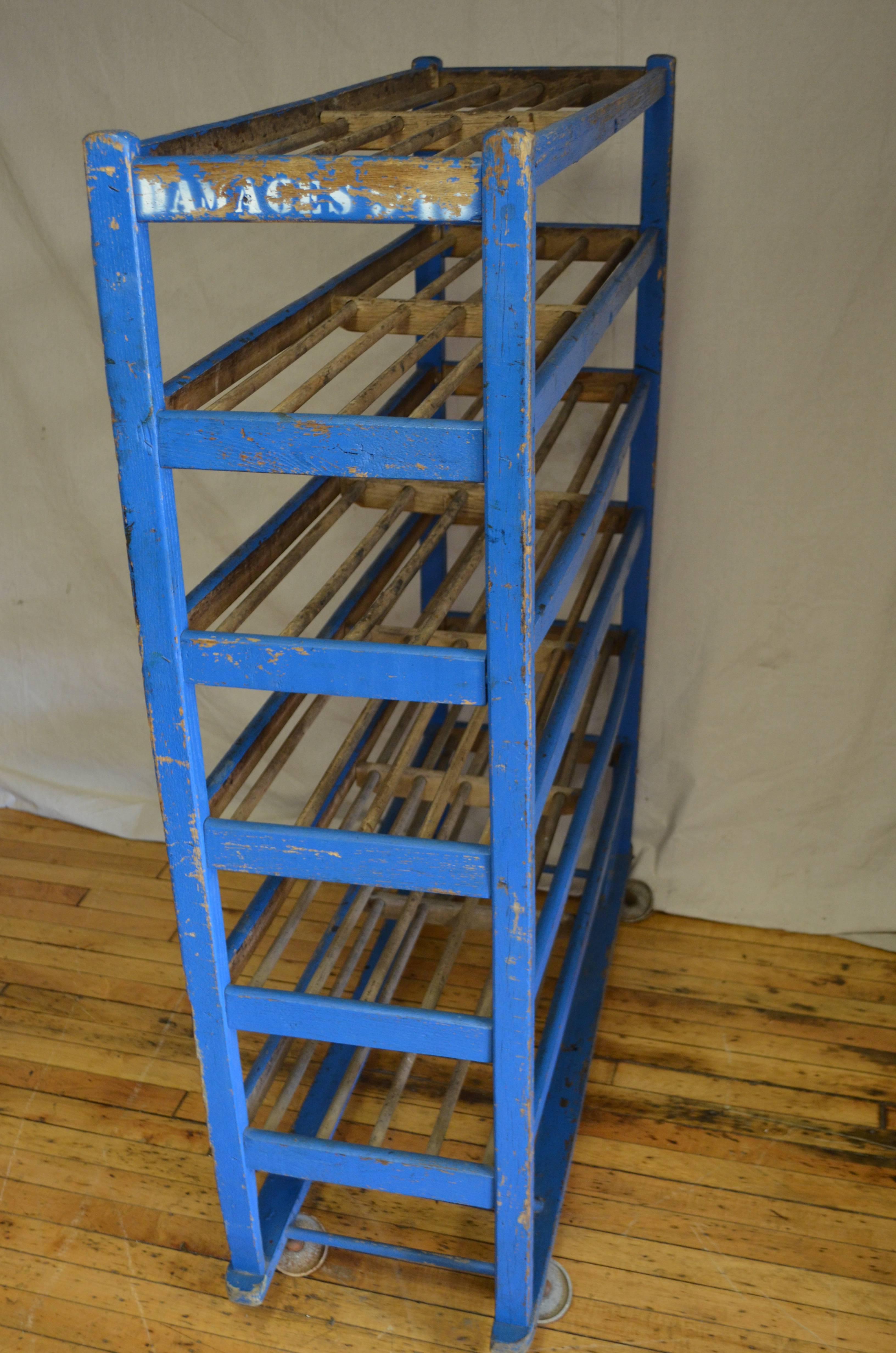 North American Shoe Bakery Cart Stand with Wheels of Wood in Original Primitive Blue Paint