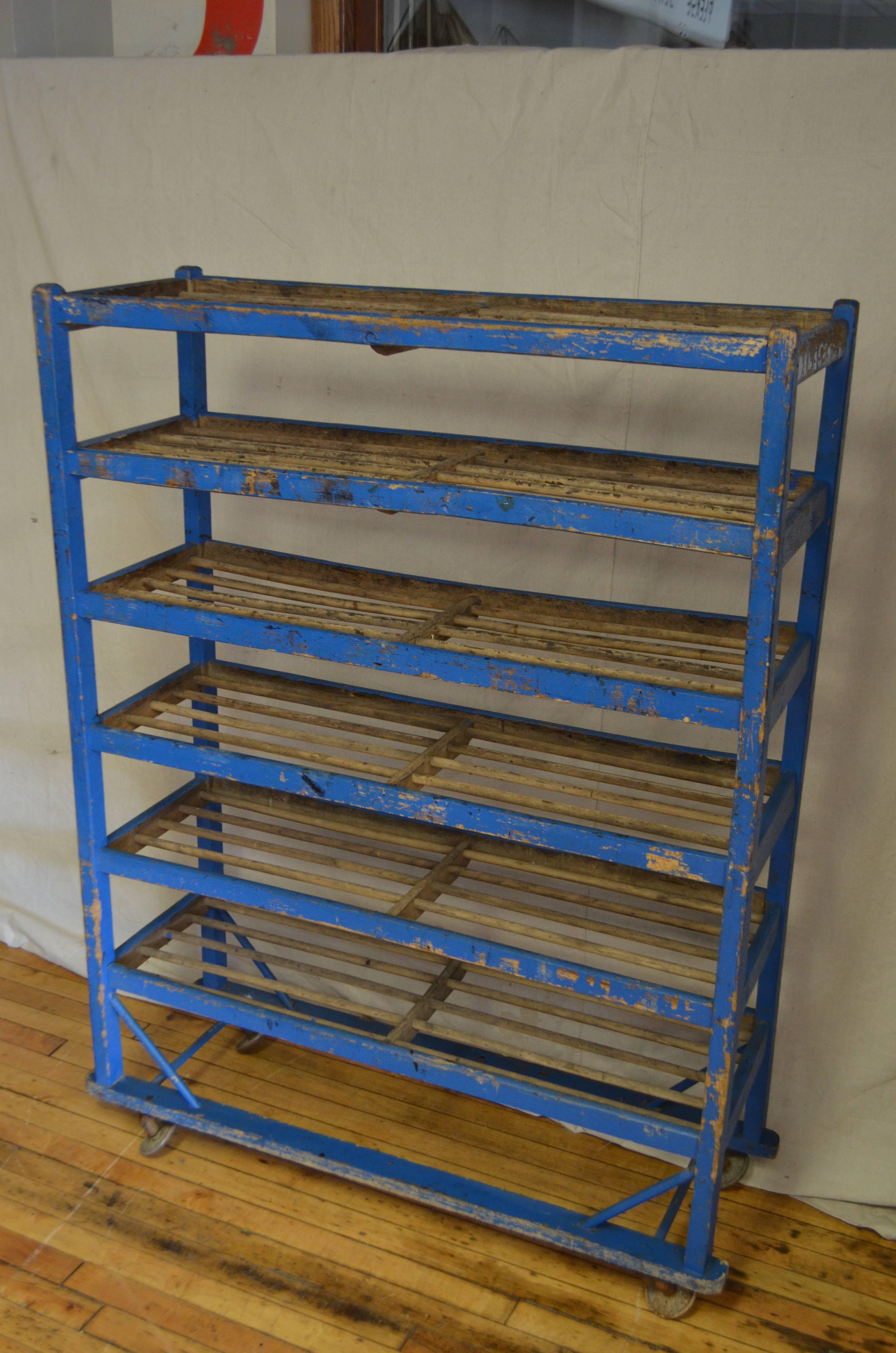 Shoe Bakery Cart Stand with Wheels of Wood in Original Primitive Blue Paint In Excellent Condition In Madison, WI