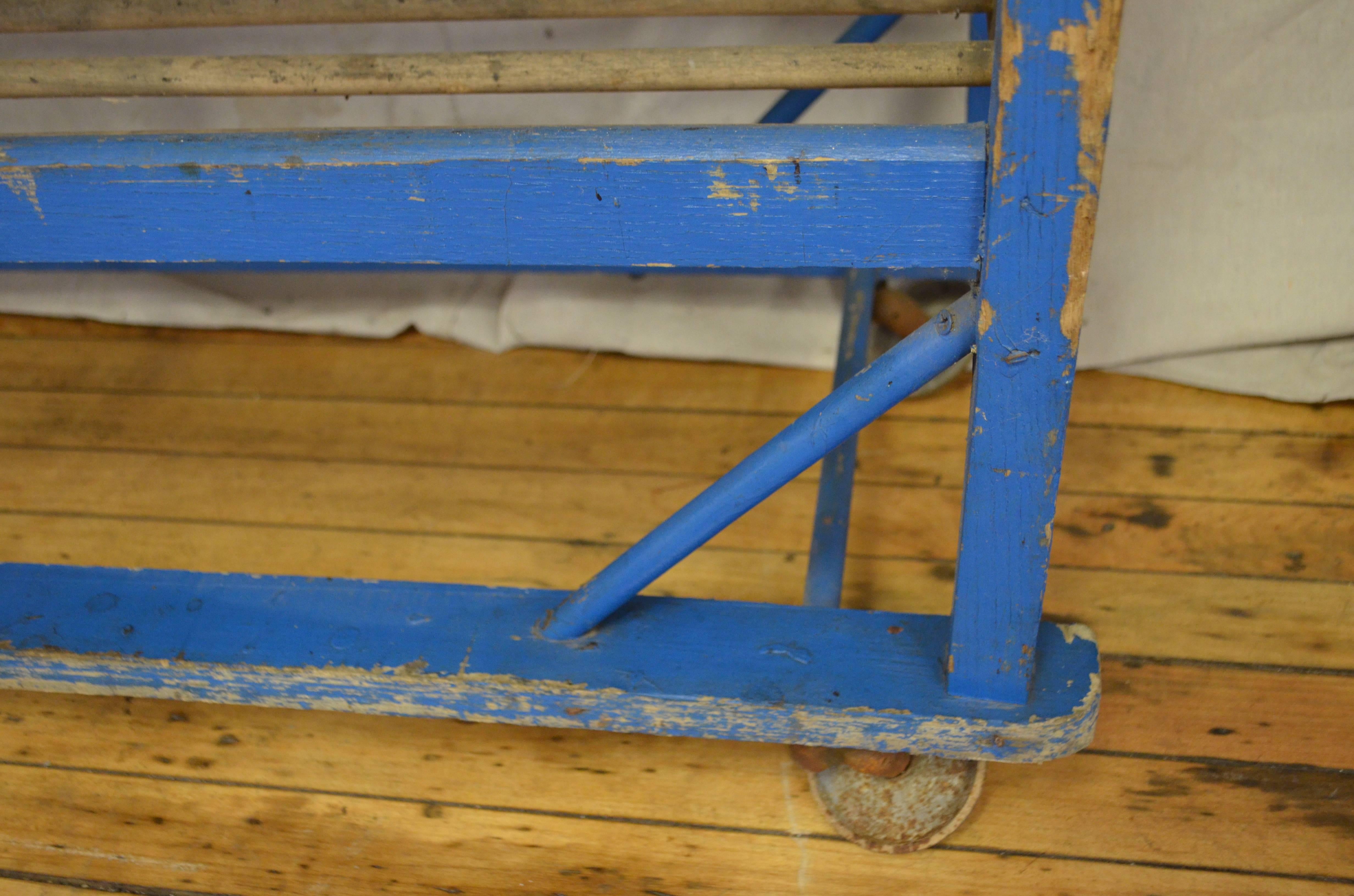Shoe Bakery Cart Stand with Wheels of Wood in Original Primitive Blue Paint 1