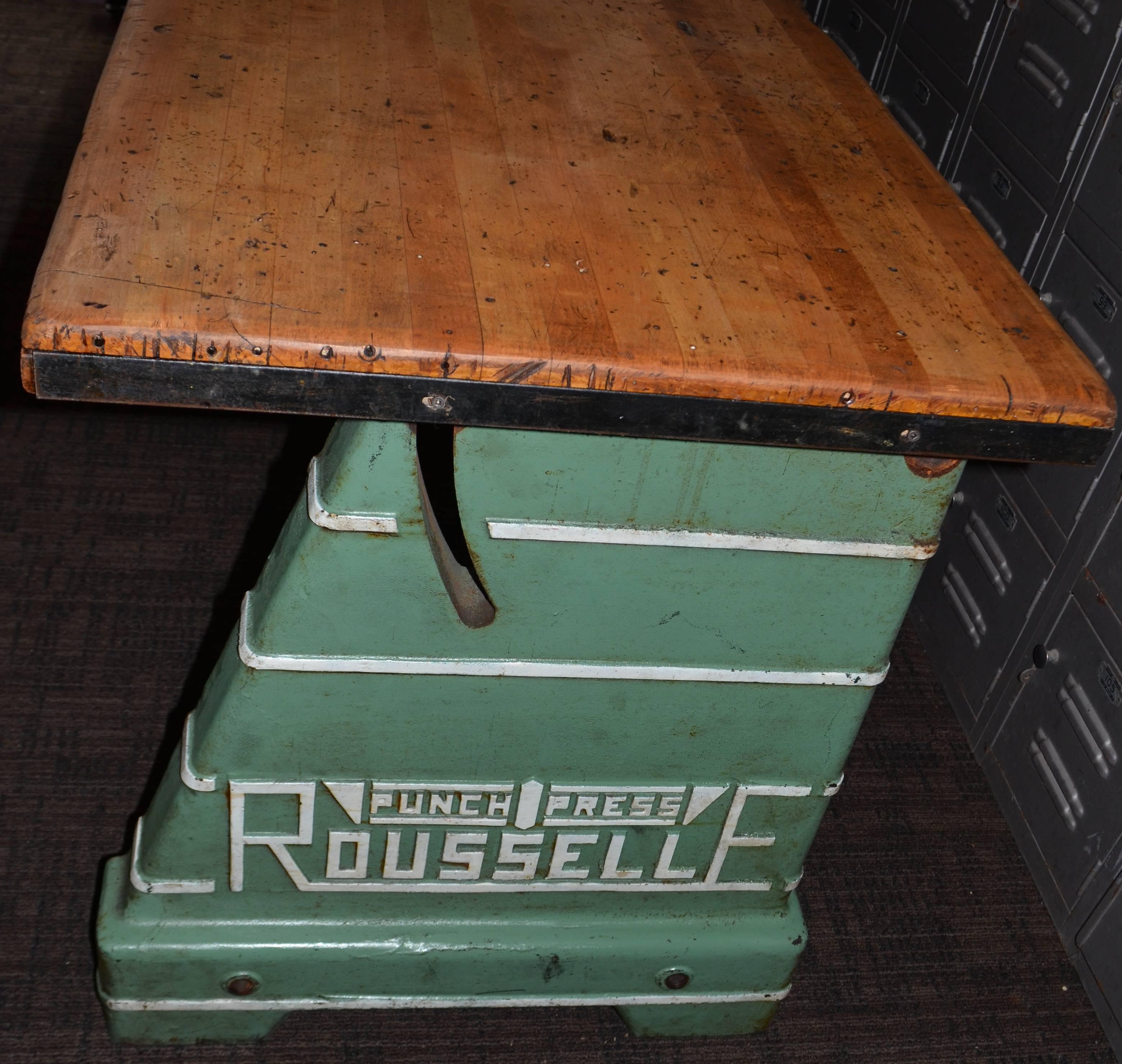 Industrial Worktable/Kitchen Island, Maple Top with Steel Bench Press Base In Excellent Condition In Madison, WI
