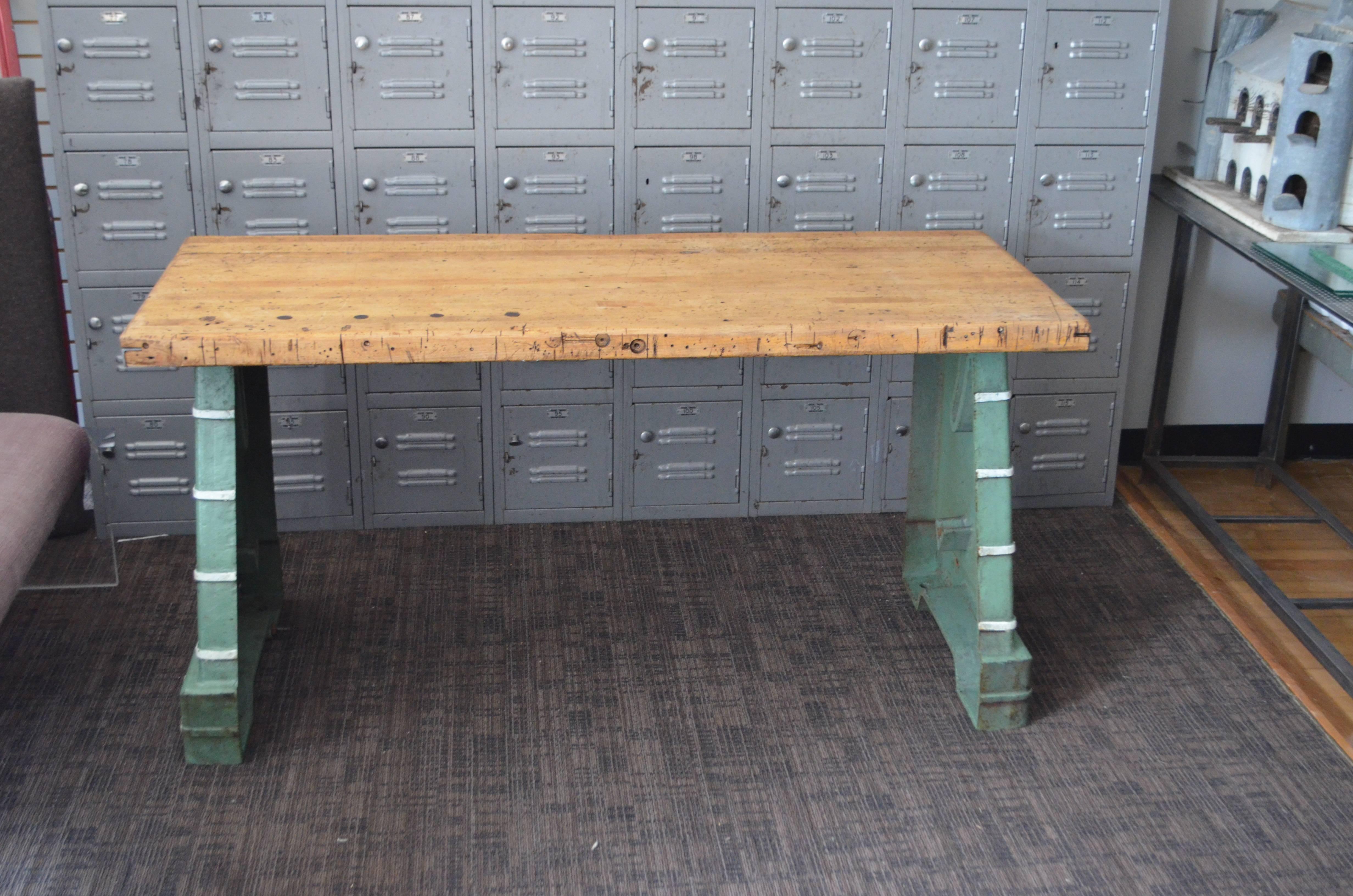 Industrial Worktable/Kitchen Island, Maple Top with Steel Bench Press Base 4