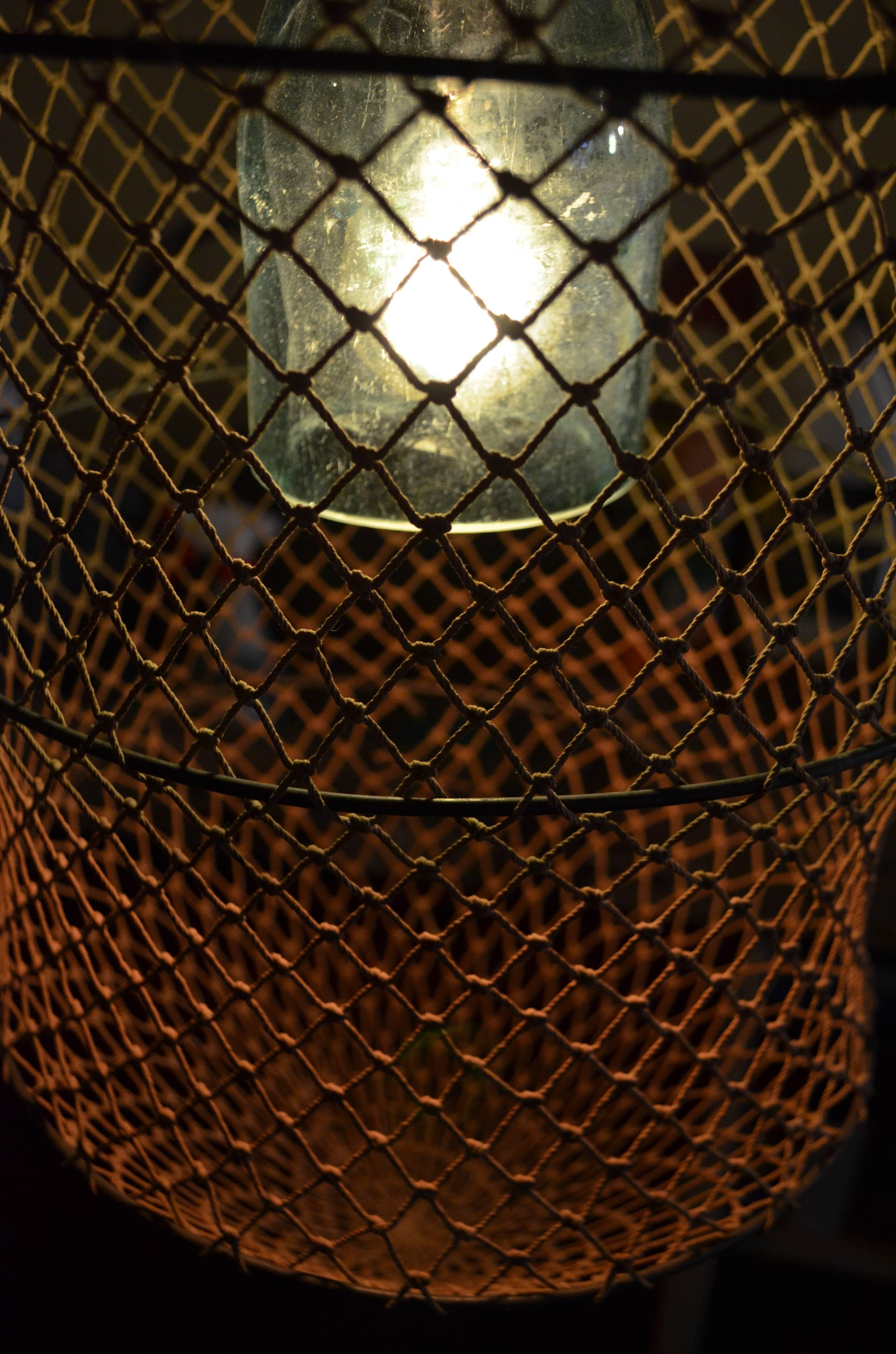 Pendant Light from Seltzer Bottle Mounted Inside Fish Trap In Excellent Condition In Madison, WI