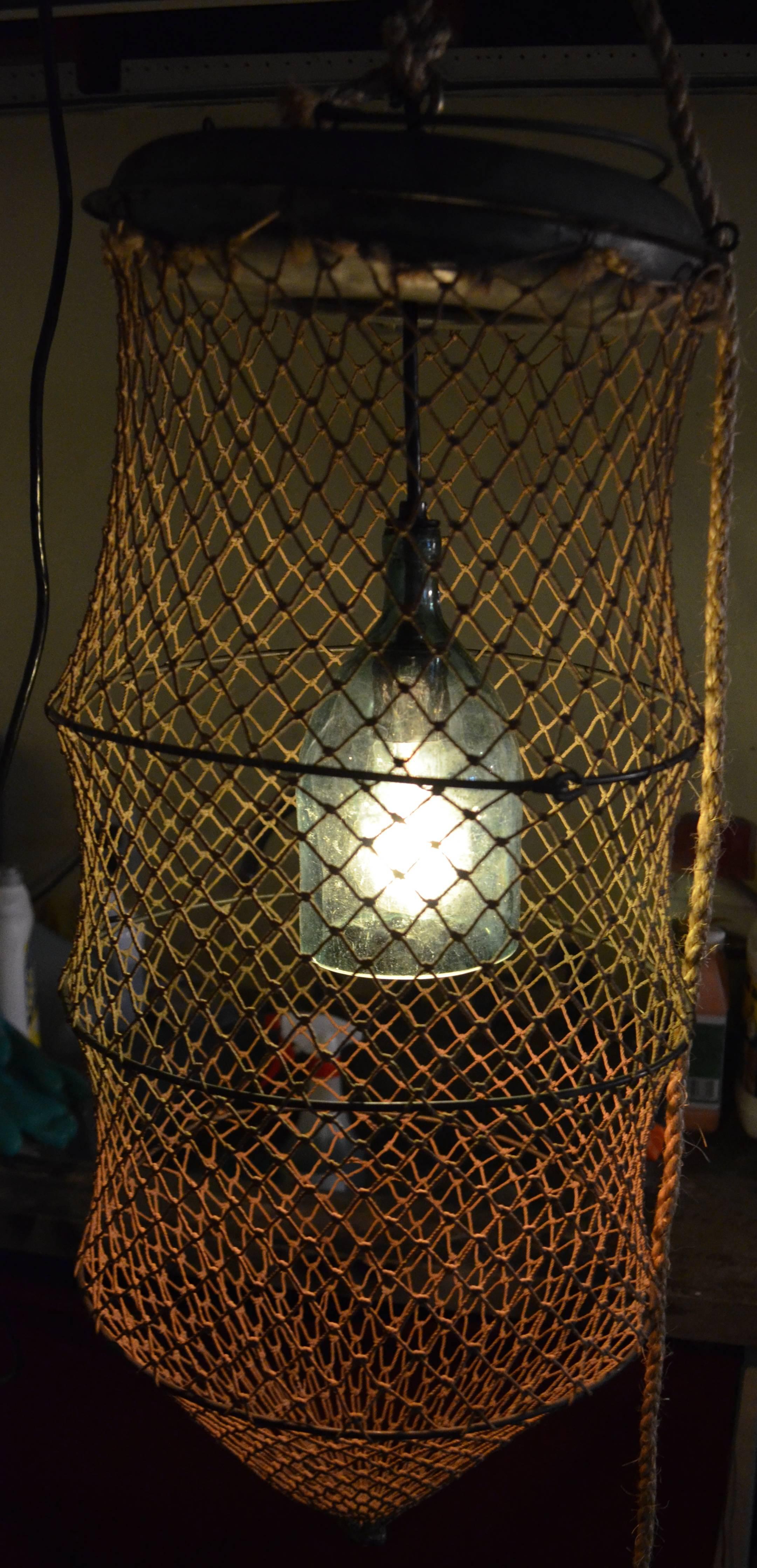 American Pendant Light from Seltzer Bottle Mounted Inside Fish Trap