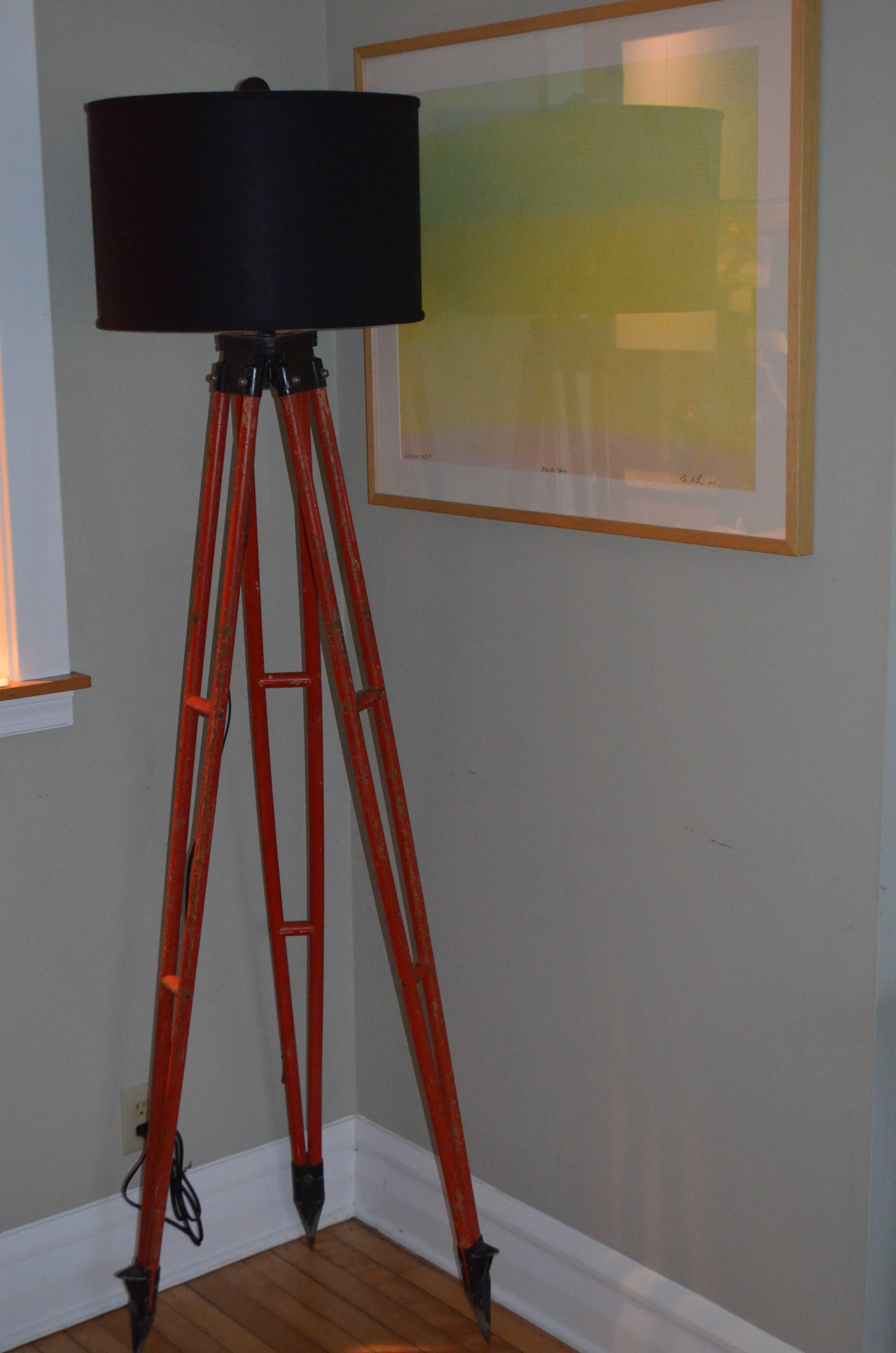 Industrial Floor Lamp Created from Surveyor Tripod in as-found Orange Paint