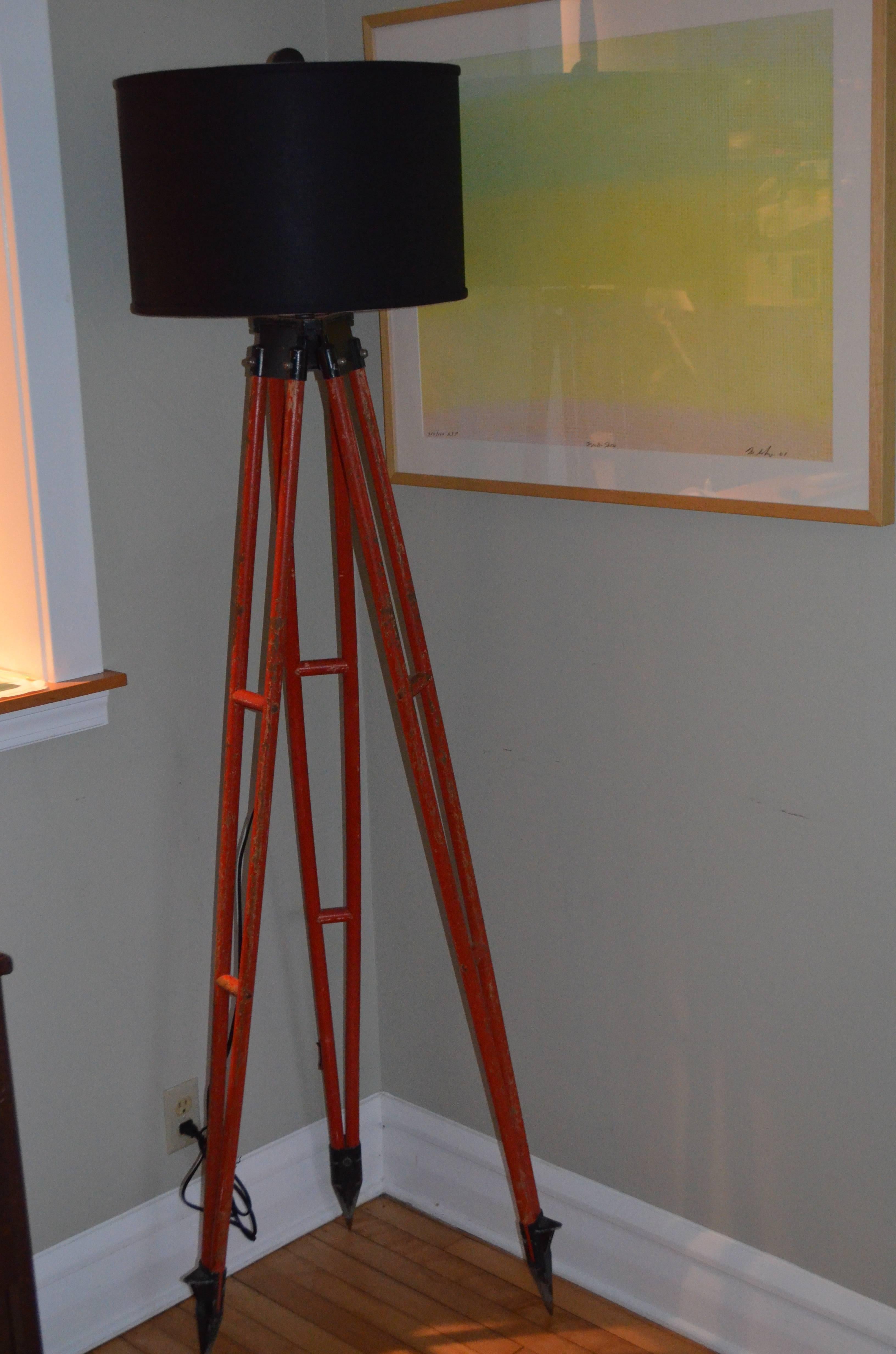 American Floor Lamp Created from Surveyor Tripod in as-found Orange Paint