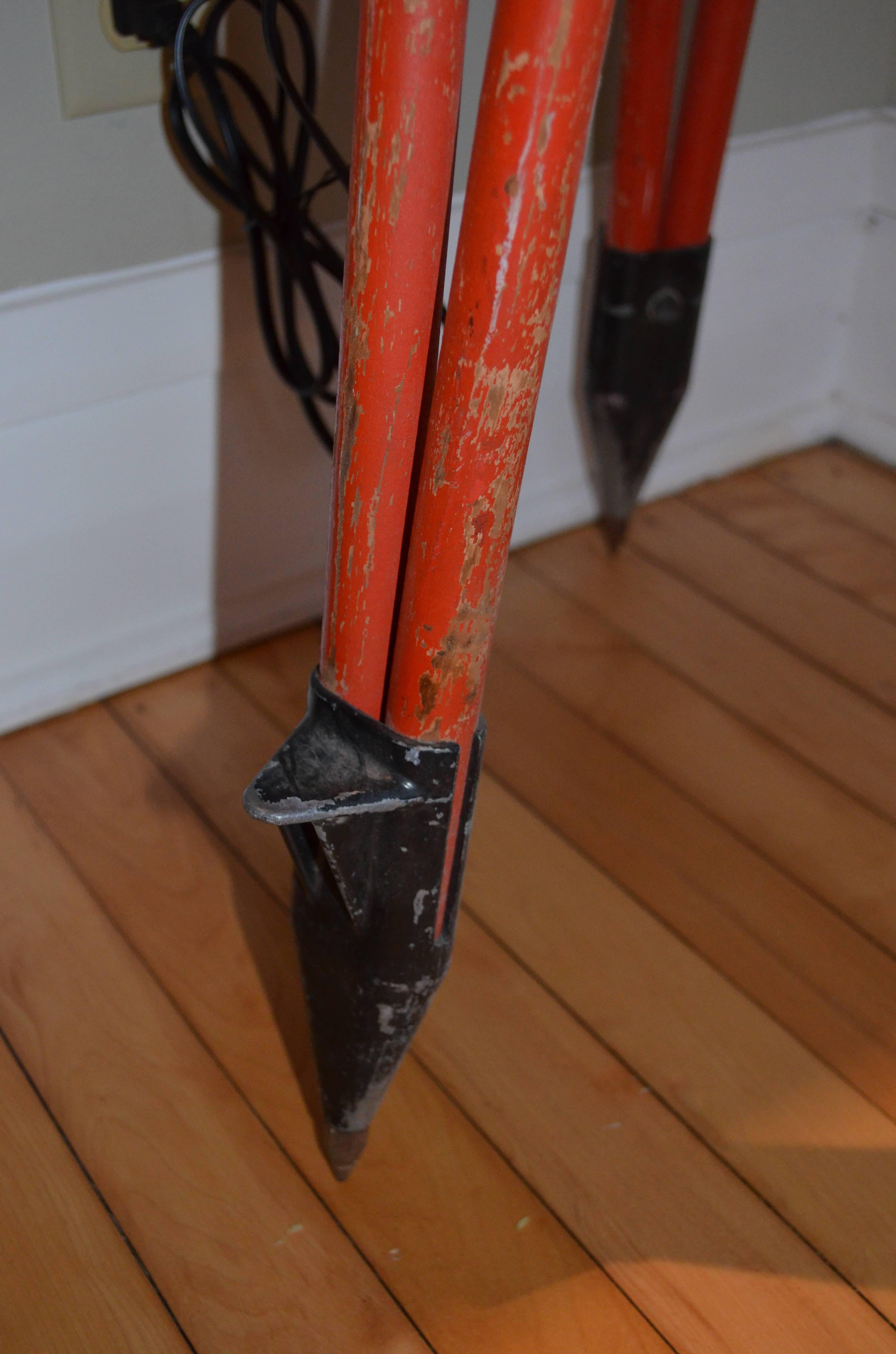 Steel Floor Lamp Created from Surveyor Tripod in as-found Orange Paint