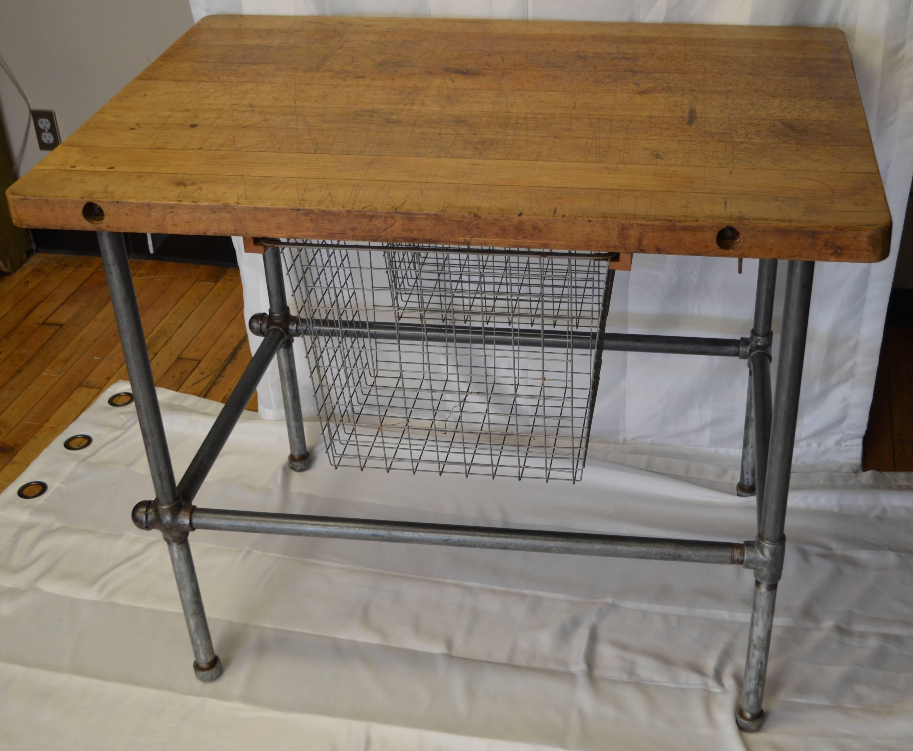 Industrial Kitchen Island, Work Table with Maple Top and Sliding Baskets on Steel Pipe Base
