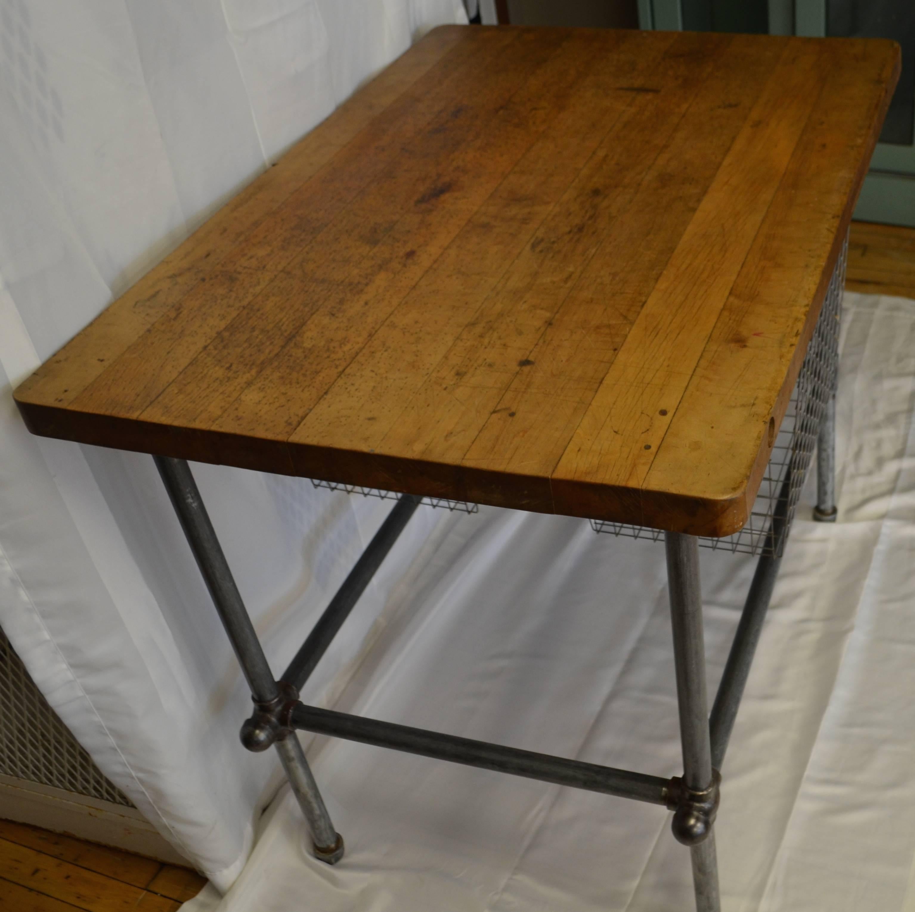 American Kitchen Island, Work Table with Maple Top and Sliding Baskets on Steel Pipe Base