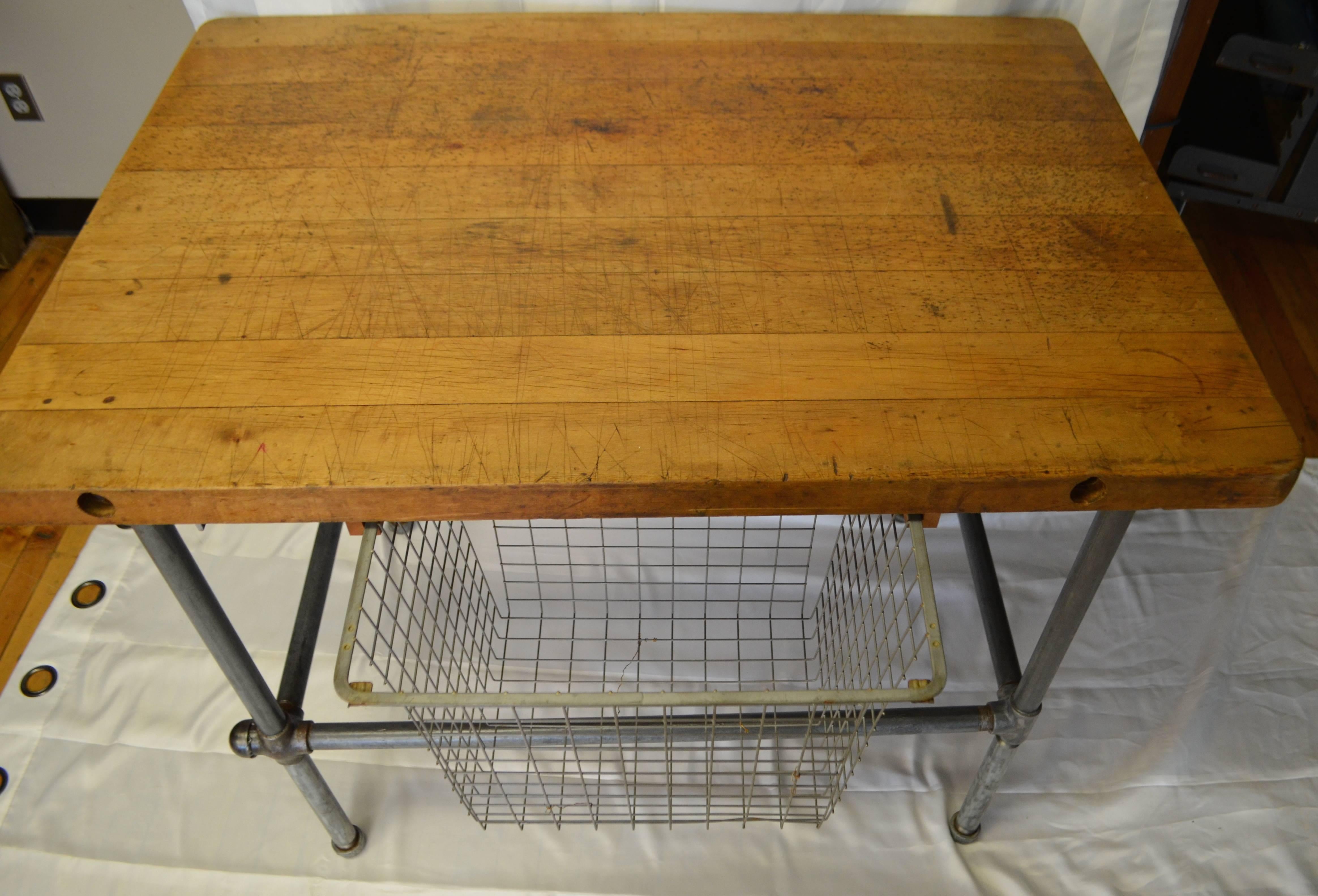 Kitchen Island, Work Table with Maple Top and Sliding Baskets on Steel Pipe Base In Excellent Condition In Madison, WI