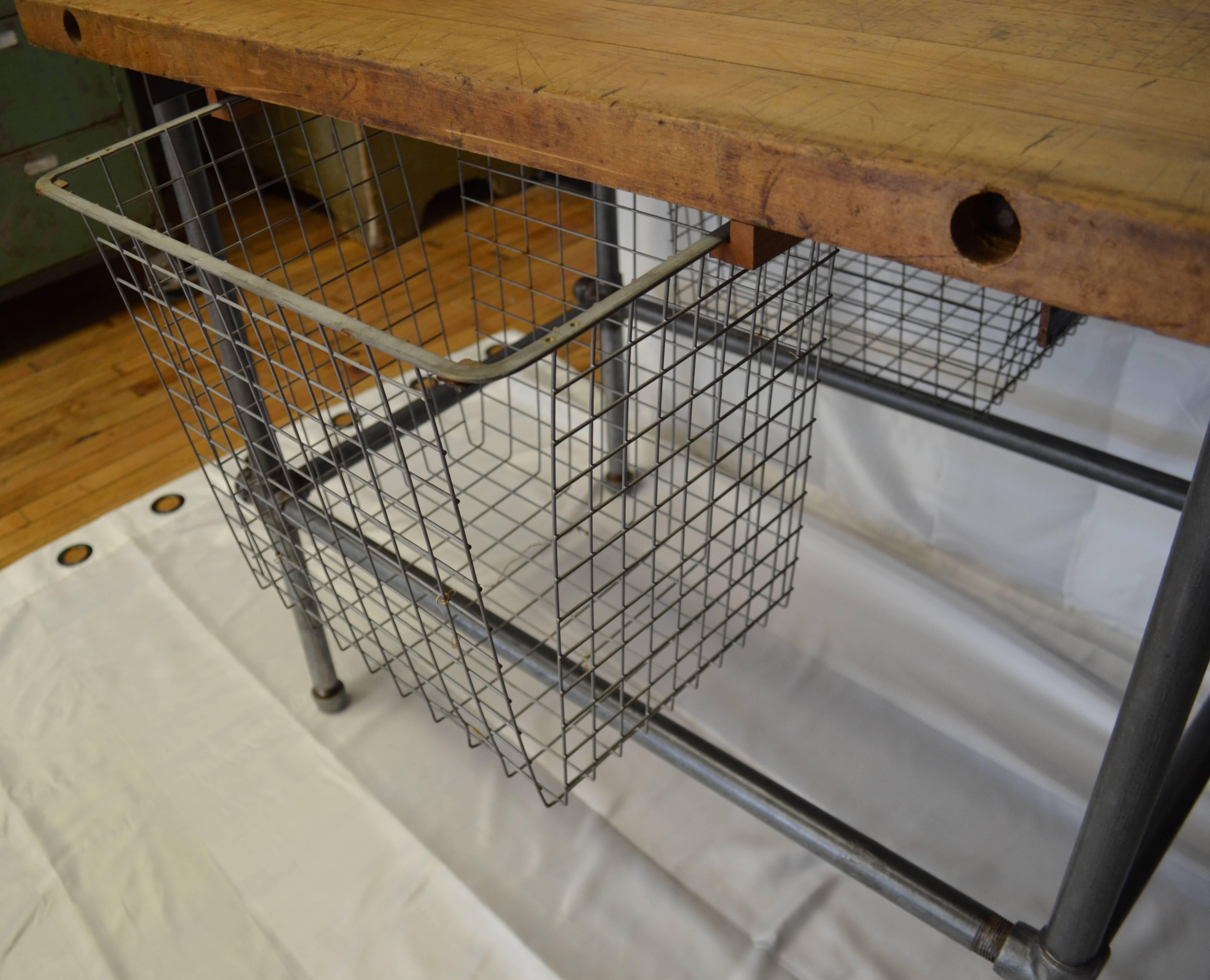 Late 20th Century Kitchen Island, Work Table with Maple Top and Sliding Baskets on Steel Pipe Base