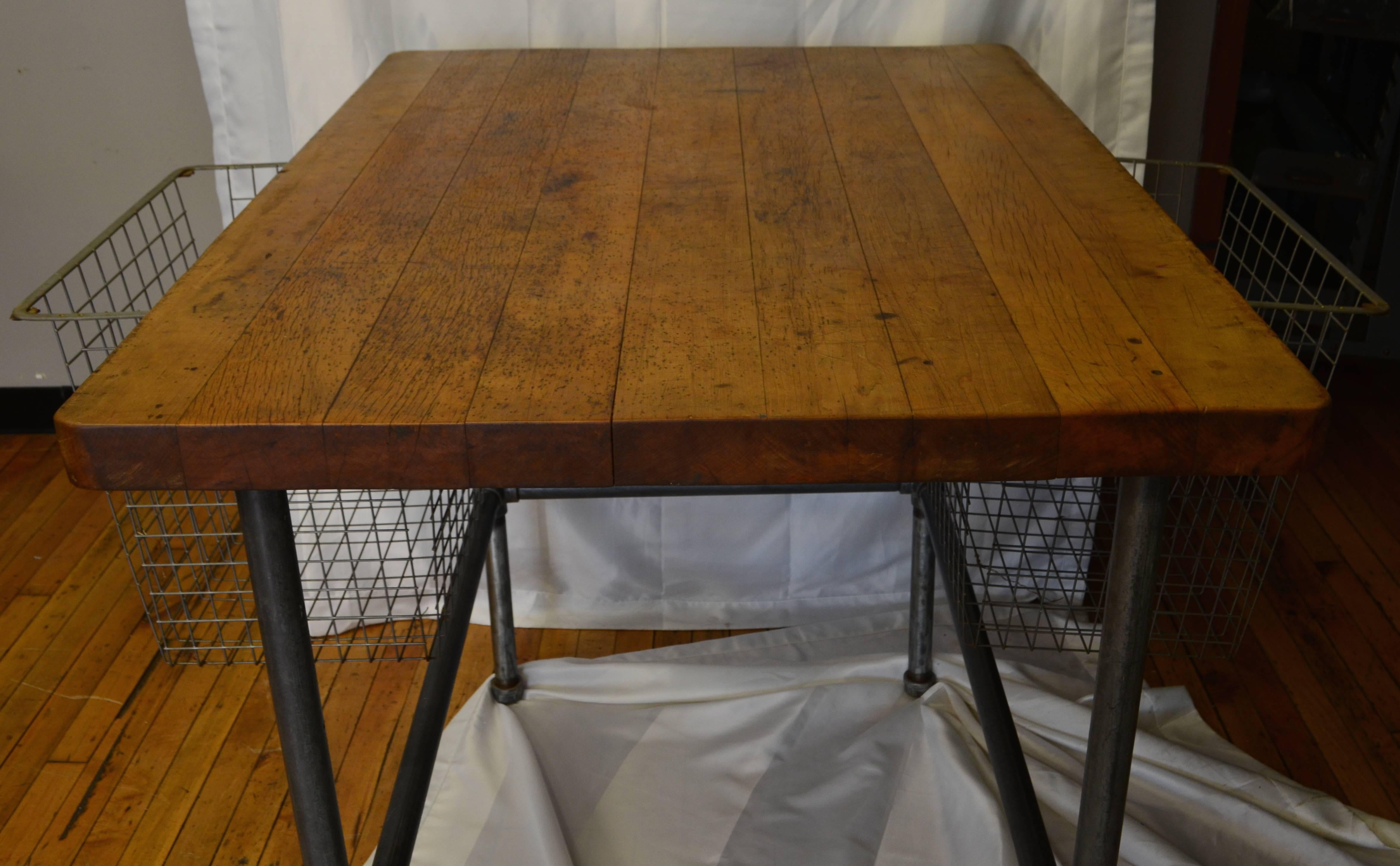 Kitchen Island, Work Table with Maple Top and Sliding Baskets on Steel Pipe Base 3