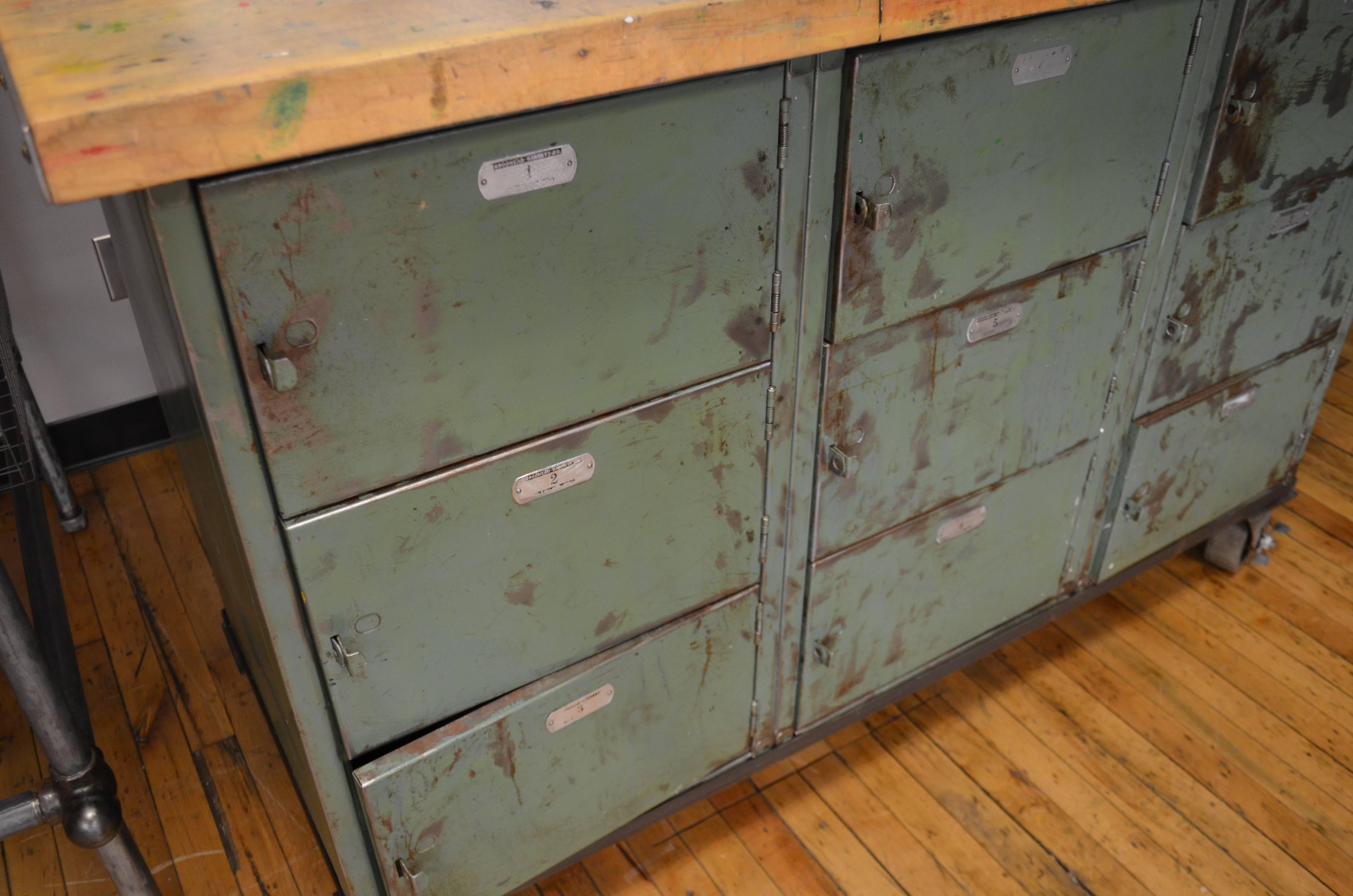 Industrial Cabinet on Wheels with Maple Worktop and Storage Compartments from School