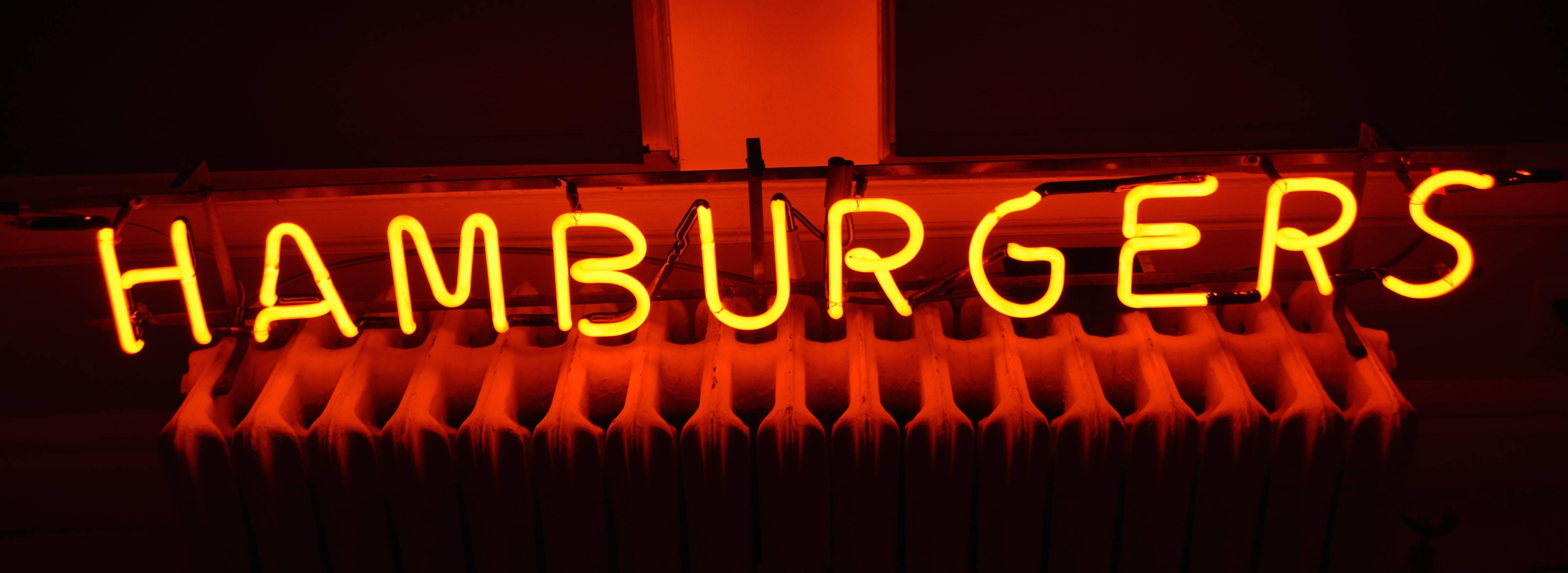Mid-Century Modern Neon Sign from Classic, 1940s Midwestern Diner Hamburgers