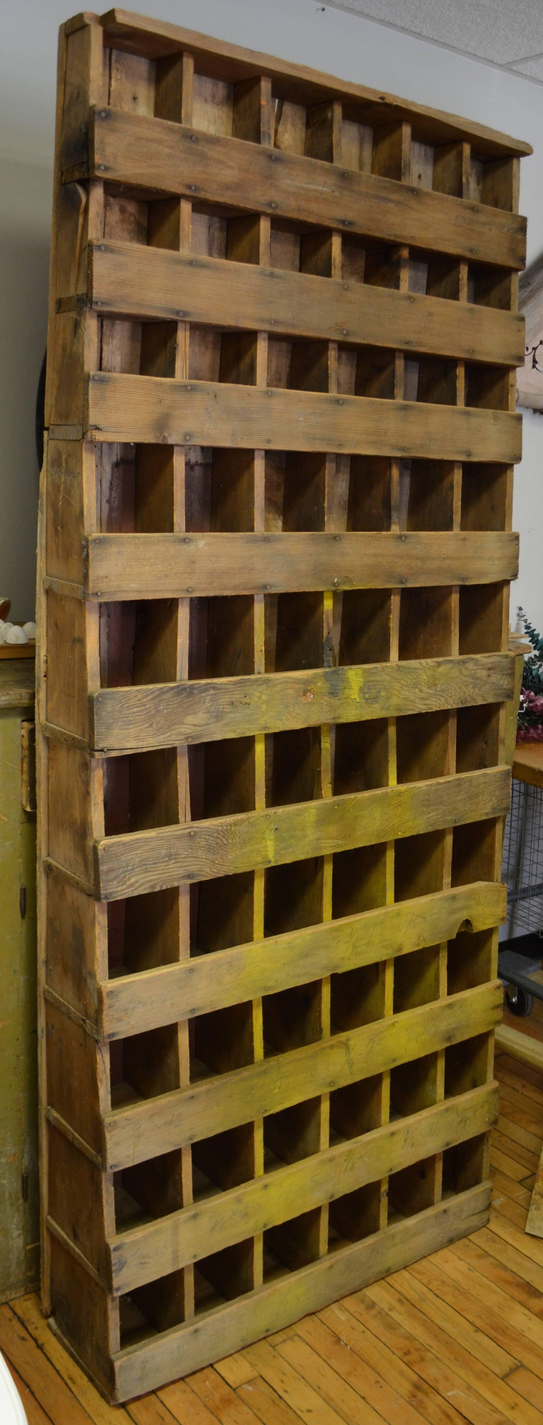 Primitive, hand-built, wooden farm cabinet in an A-shape where the depth is 5" at top, 10.75" at bottom. Rustic but solid, lightly sanded, cleaned and sealed. Versatile depository for any number of small items.