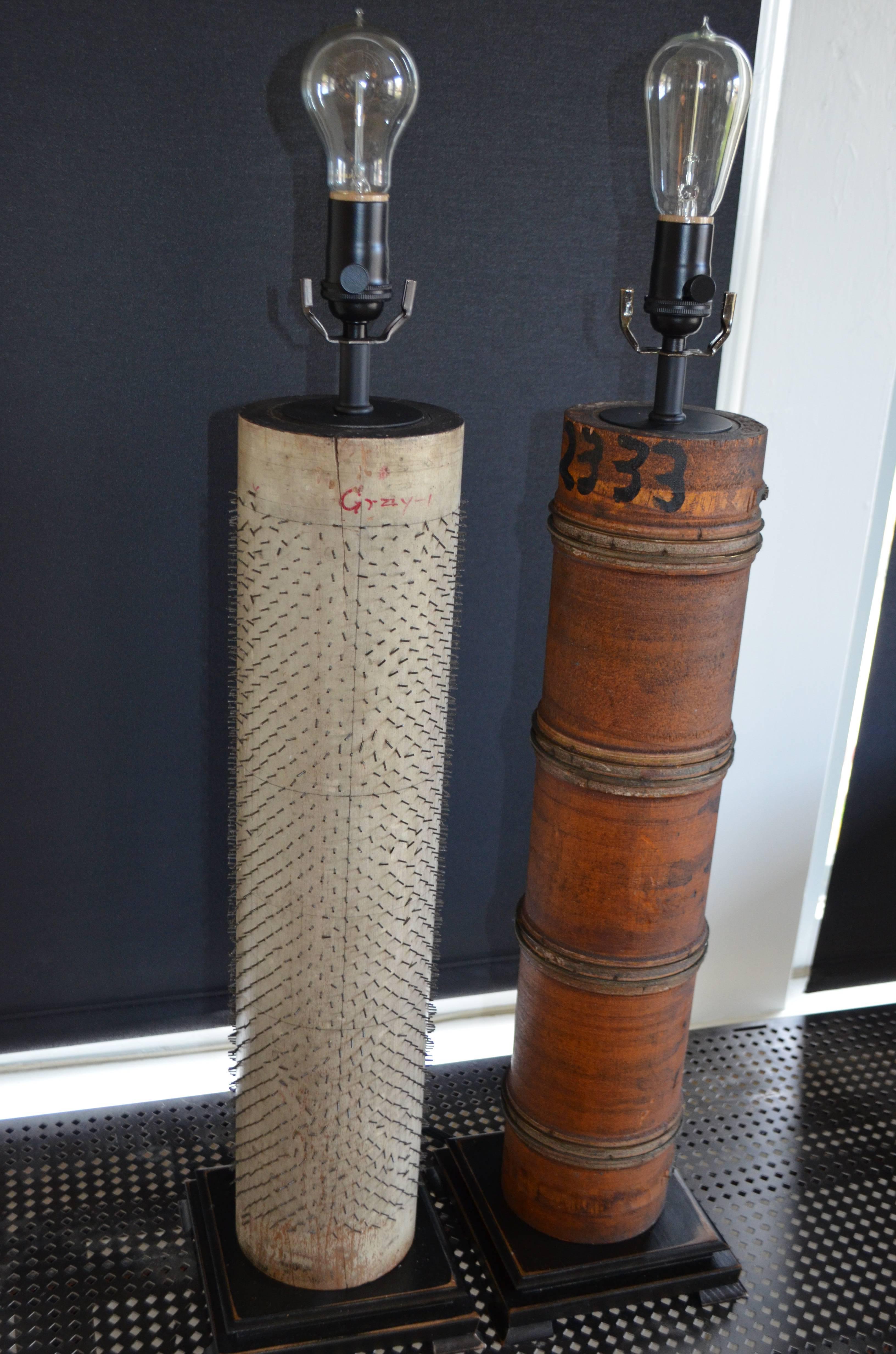 Pair of table lamps created from rollers used to print wallpaper in the late 1800s.  Mounted on hand-crafted, distressed maple bases, these lamps were professionally-wired with UL-approved components including three-way brass socket (150 watt