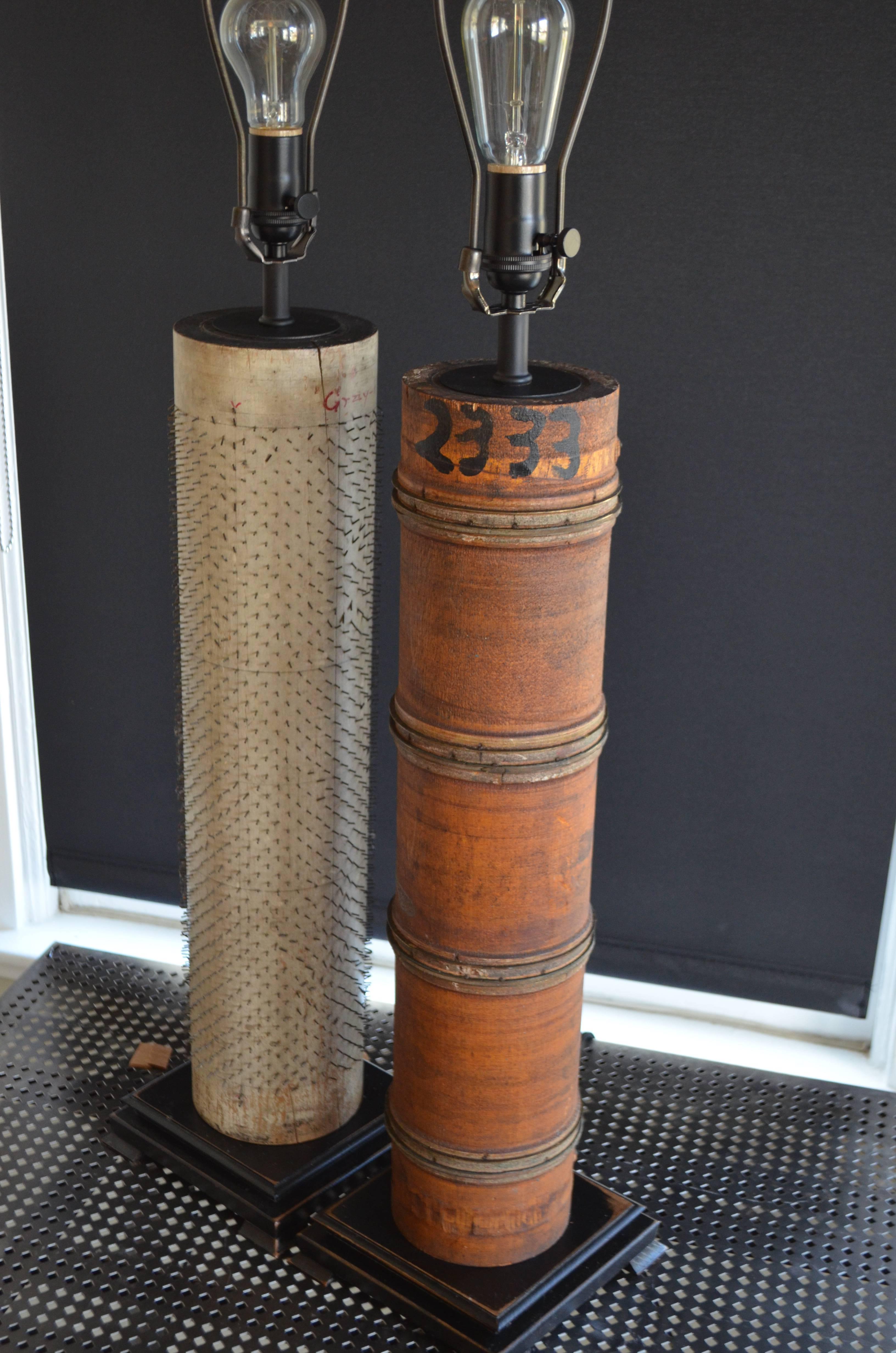 American Pair of Table Lamps Created From Rollers Used for Printing Wallpaper For Sale