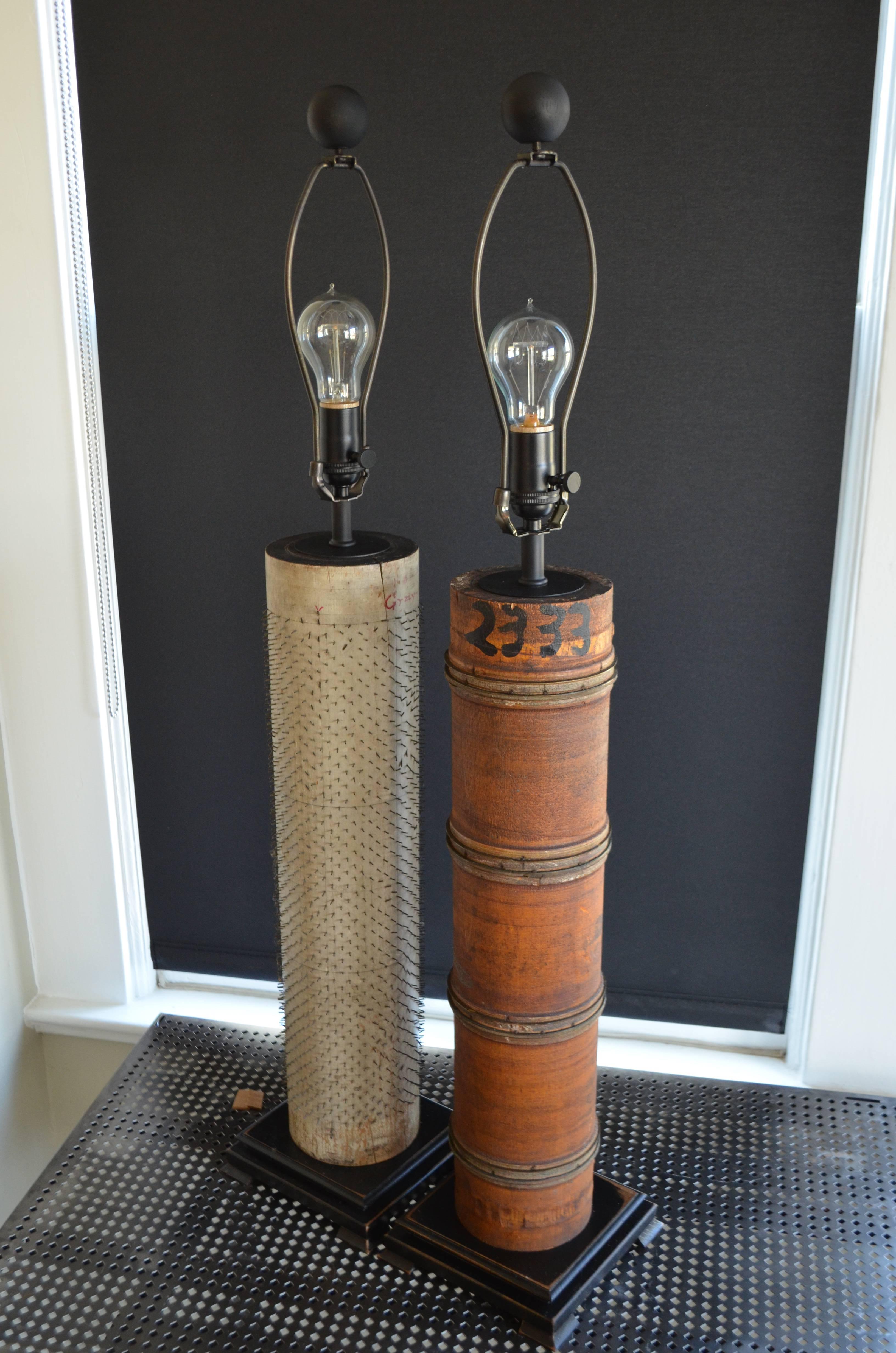 Pair of Table Lamps Created From Rollers Used for Printing Wallpaper In Excellent Condition For Sale In Madison, WI