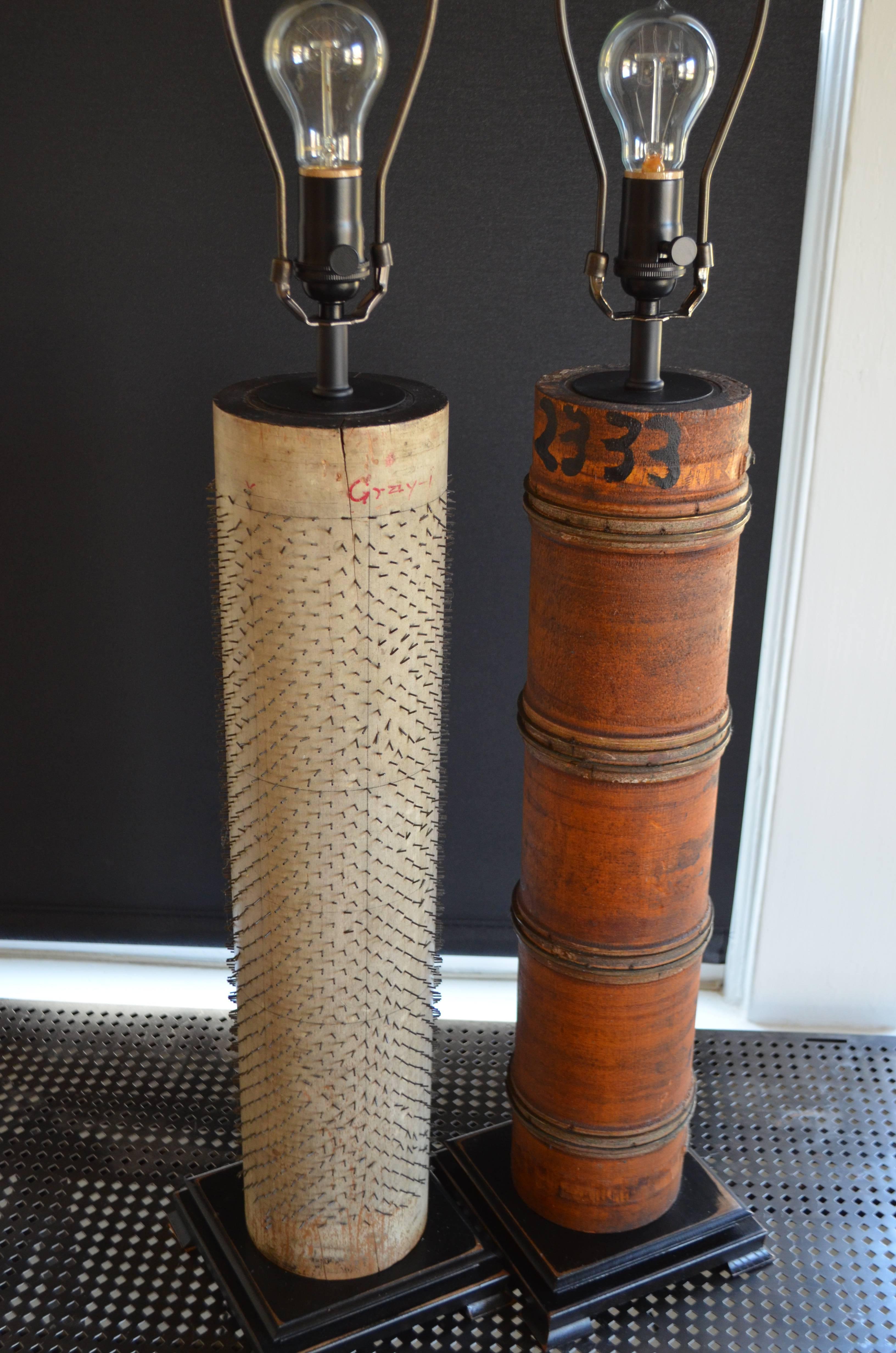 Pair of Table Lamps Created From Rollers Used for Printing Wallpaper For Sale 2