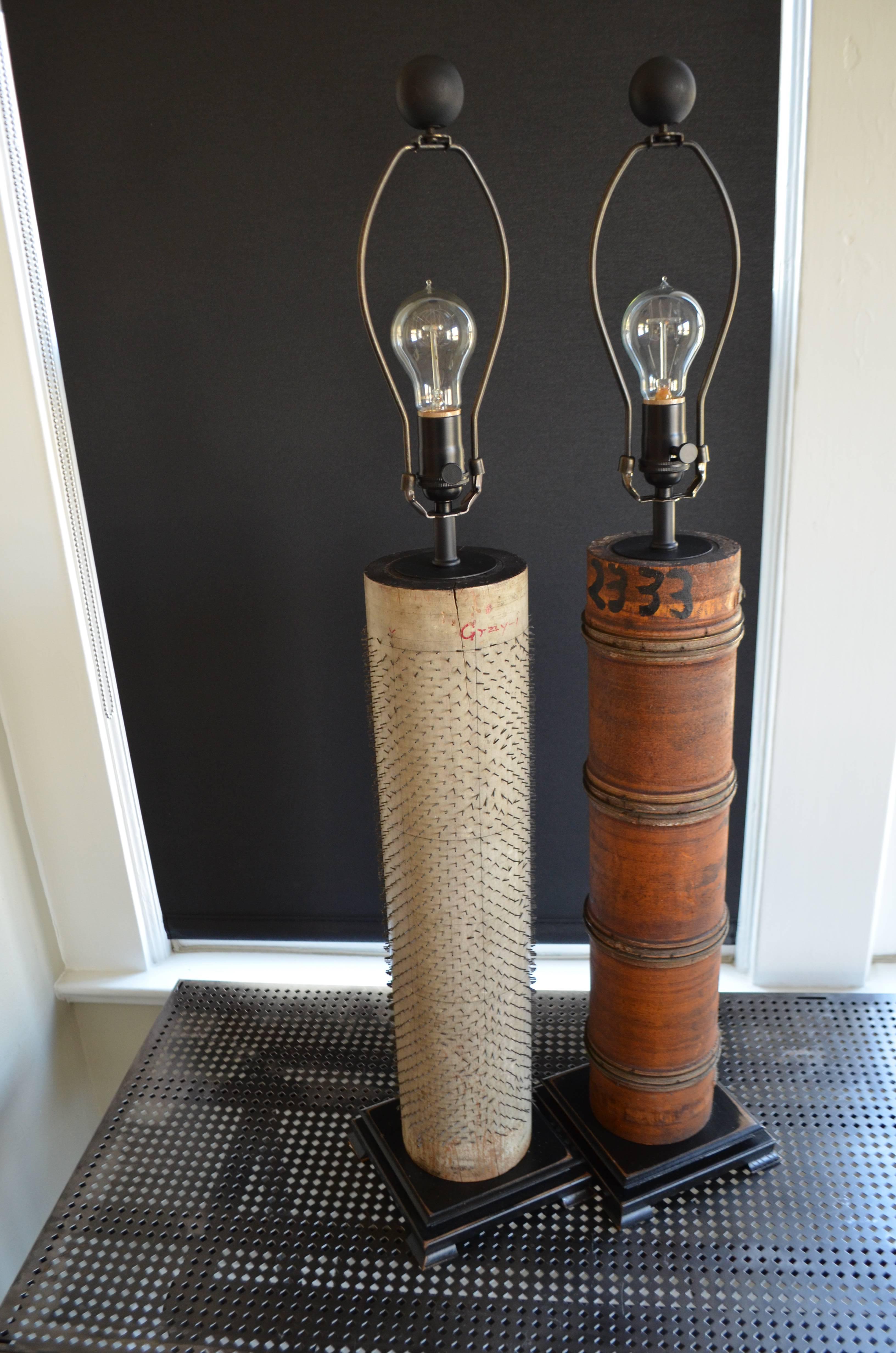 Pair of Table Lamps Created From Rollers Used for Printing Wallpaper For Sale 3