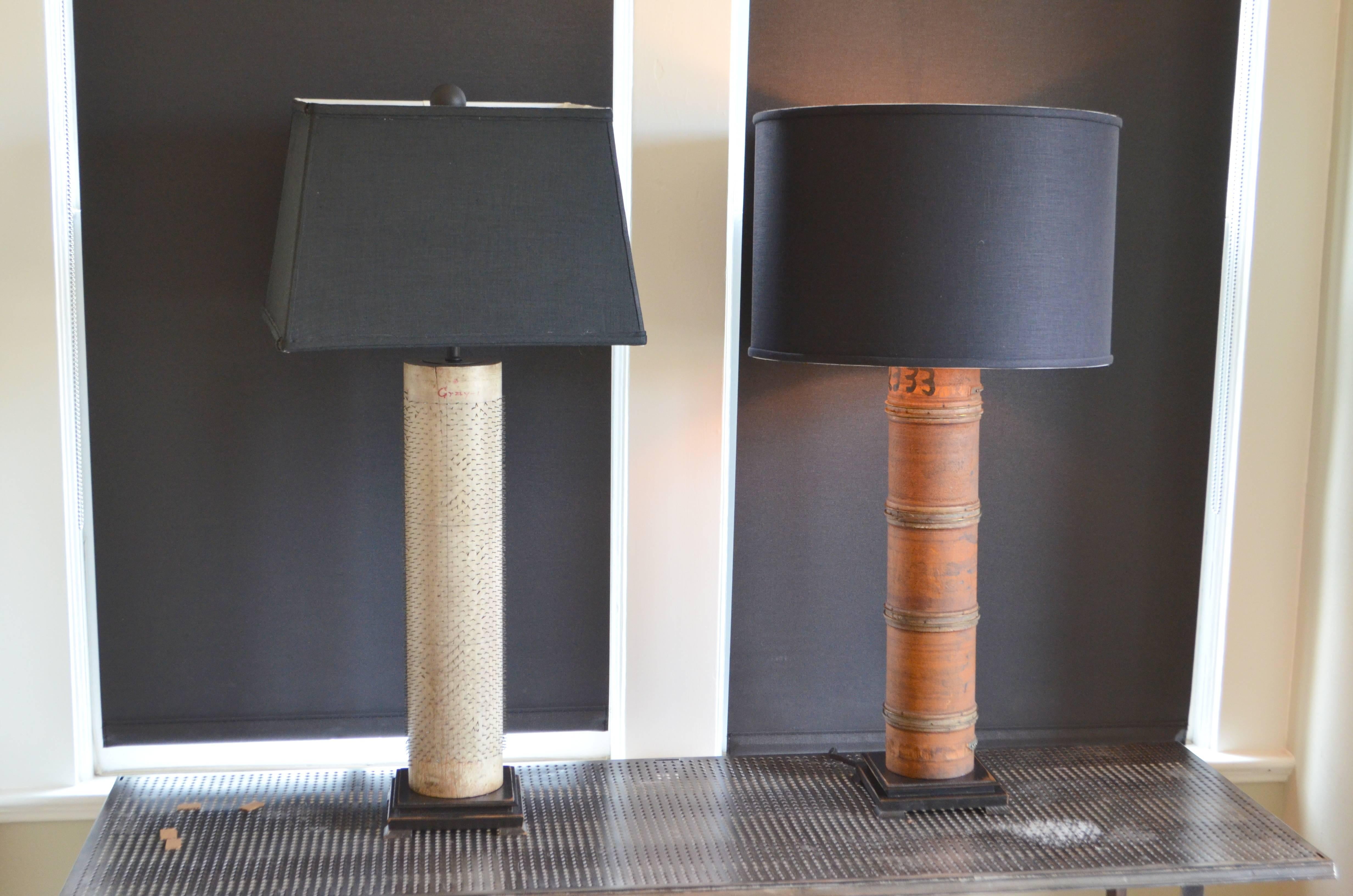 Industrial Pair of Table Lamps Created From Rollers Used for Printing Wallpaper For Sale
