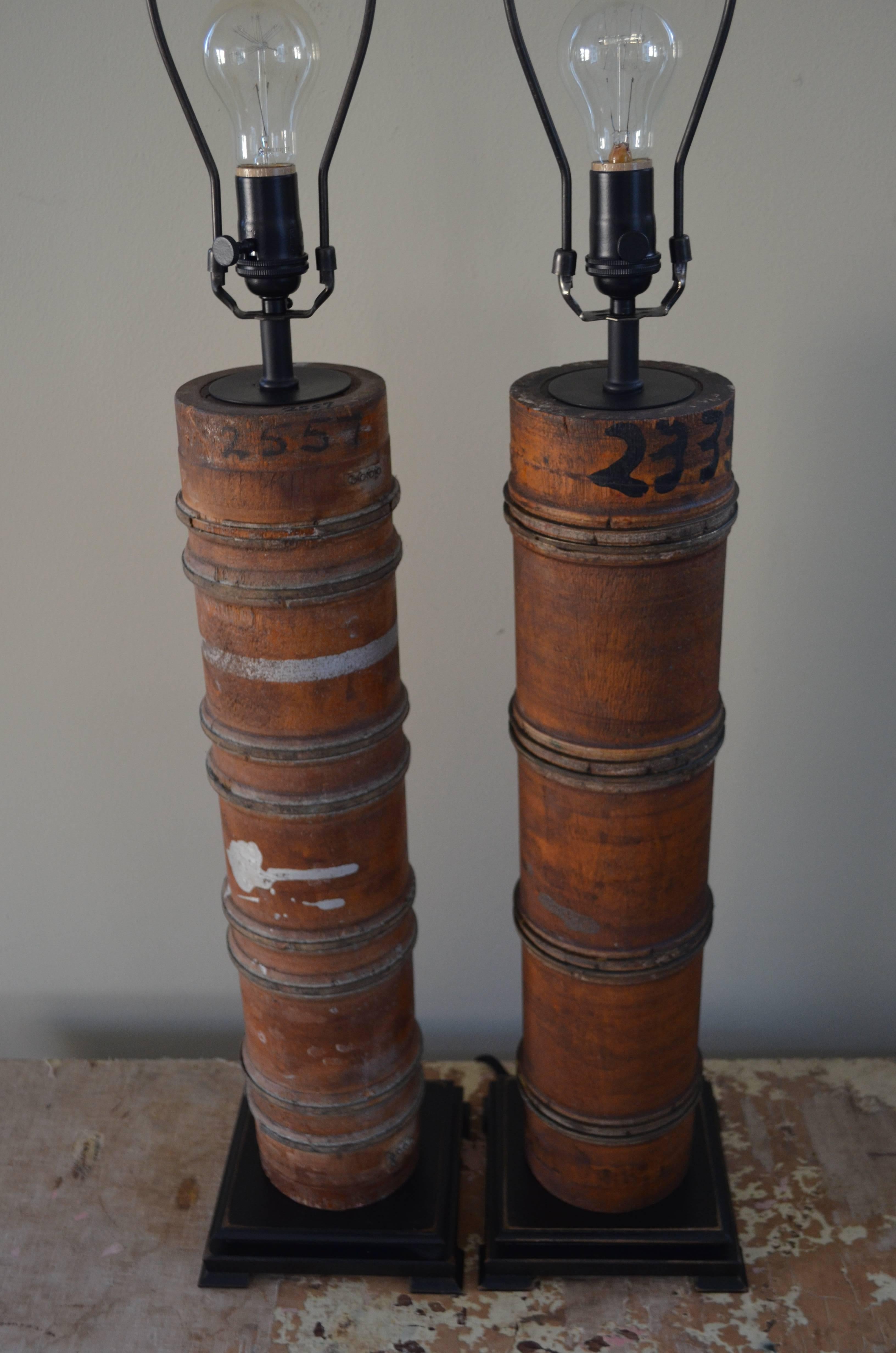 Industrial Pair of Table Lamps Created from Wallpaper Printing Rollers For Sale