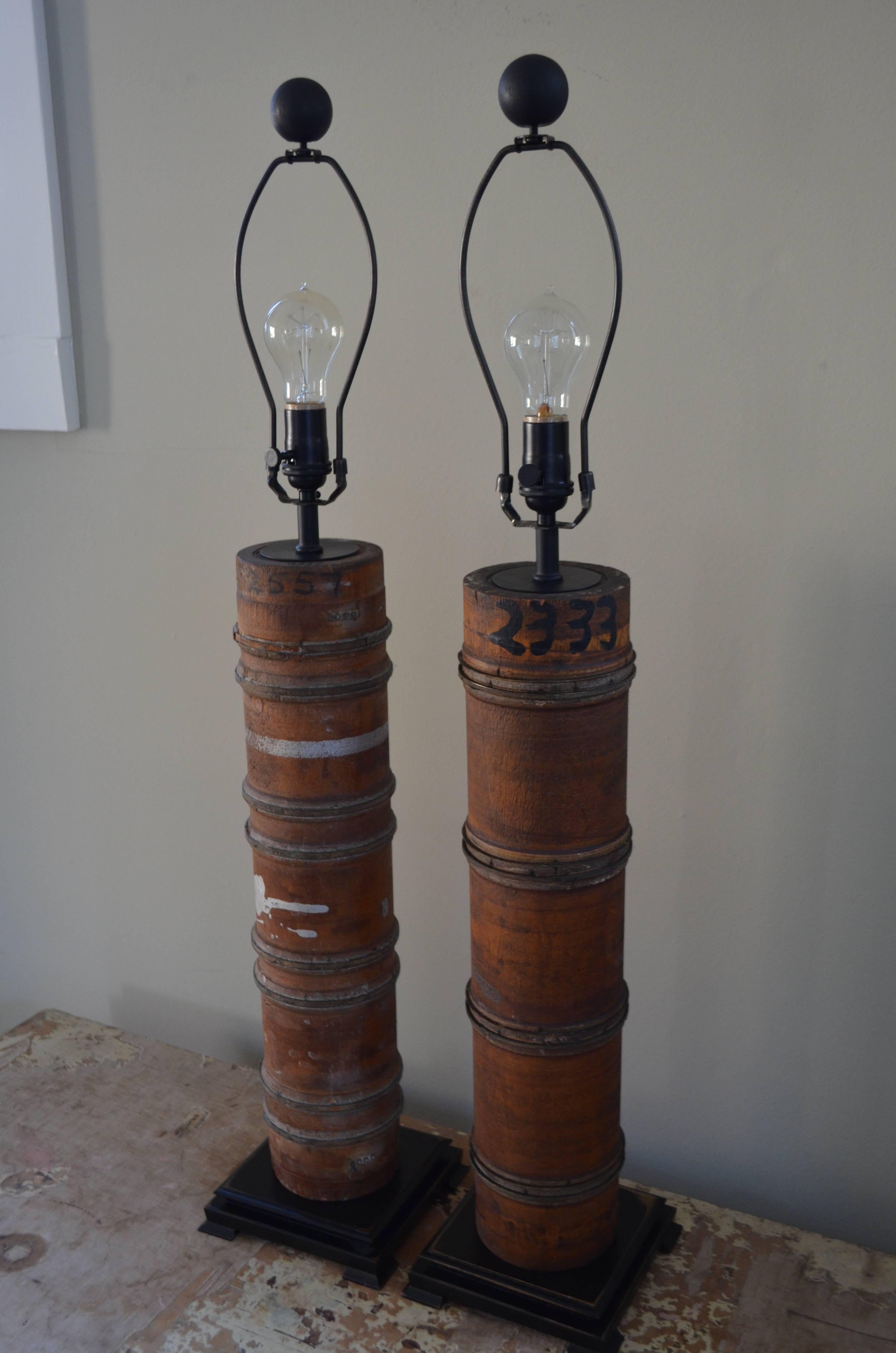 American Pair of Table Lamps Created from Wallpaper Printing Rollers For Sale