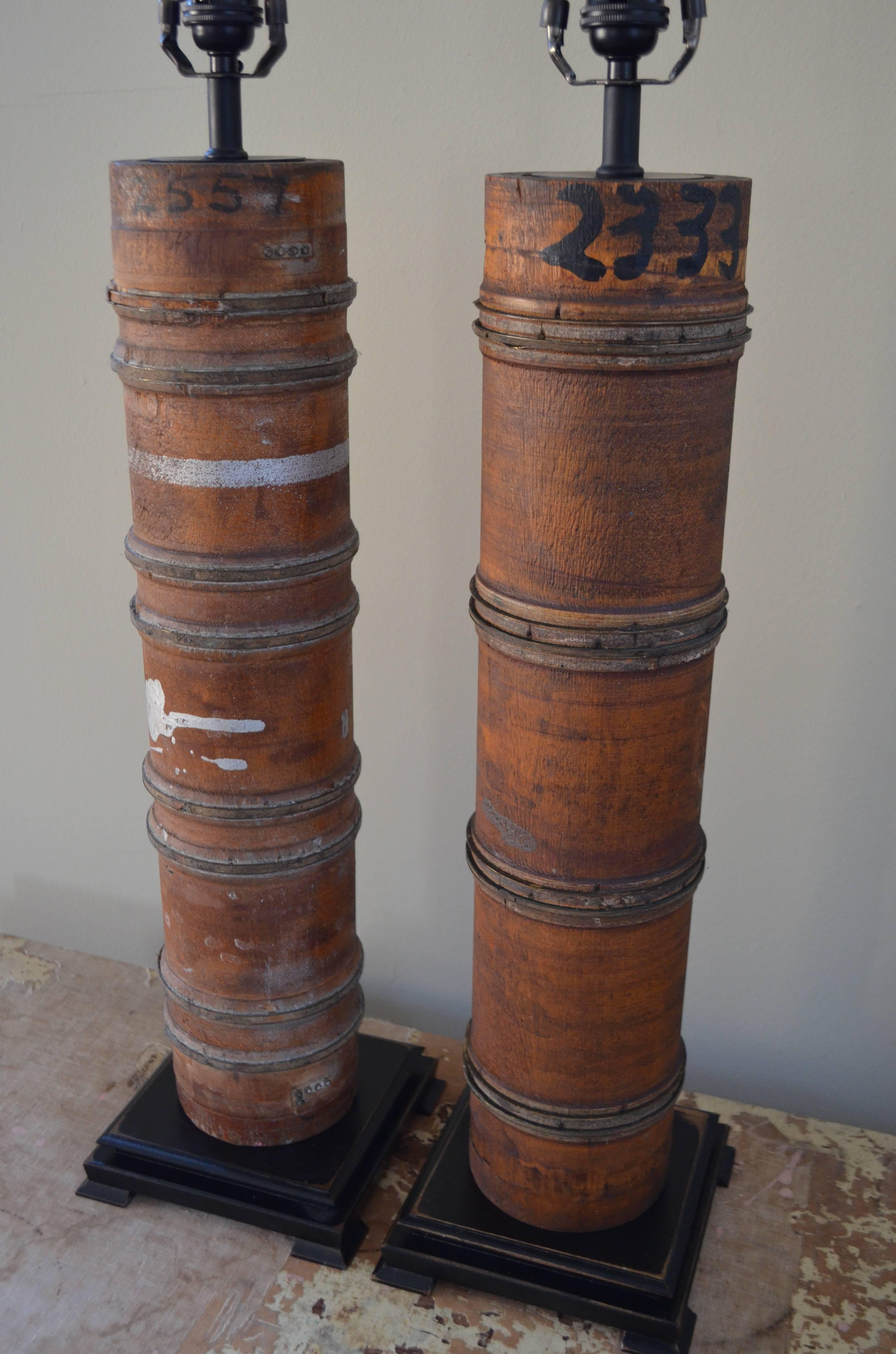 Pair of Table Lamps Created from Wallpaper Printing Rollers In Excellent Condition For Sale In Madison, WI
