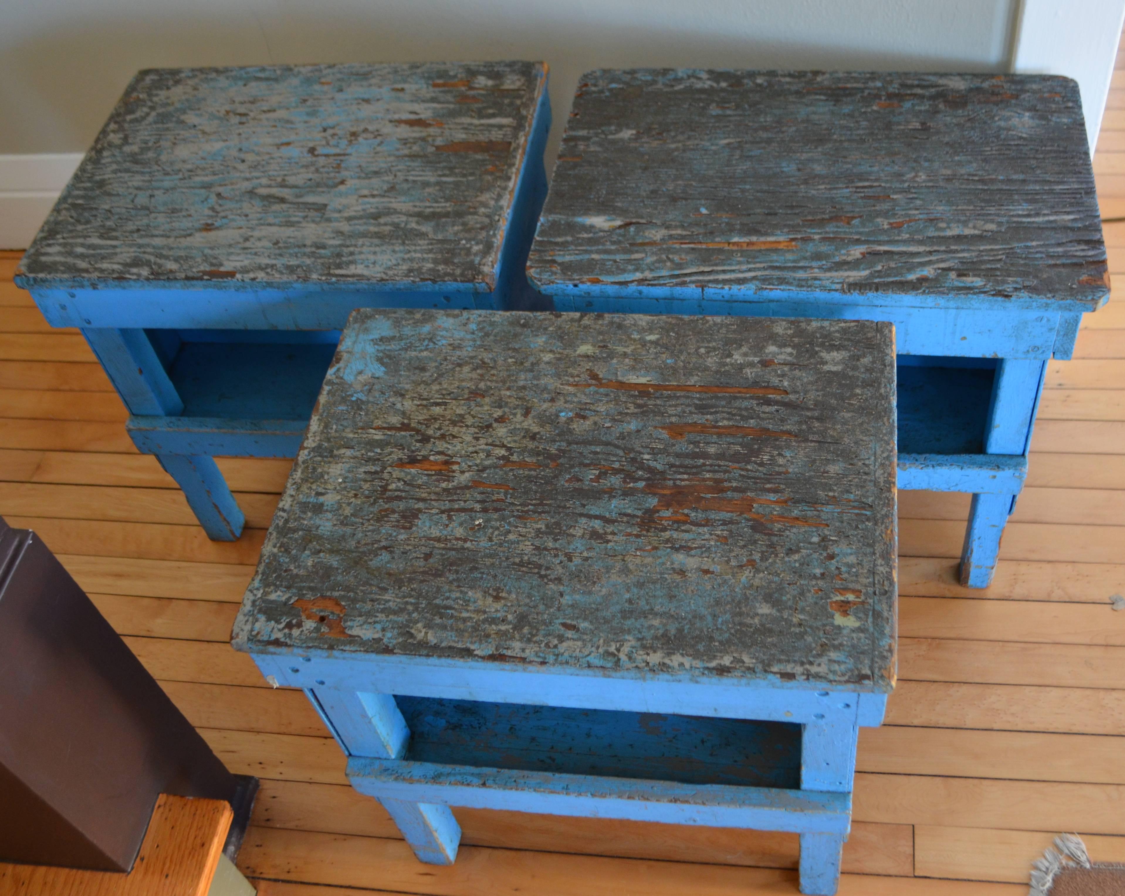 American End Tables/Benches from Industrial Factory Work Tables 'Set of 3'