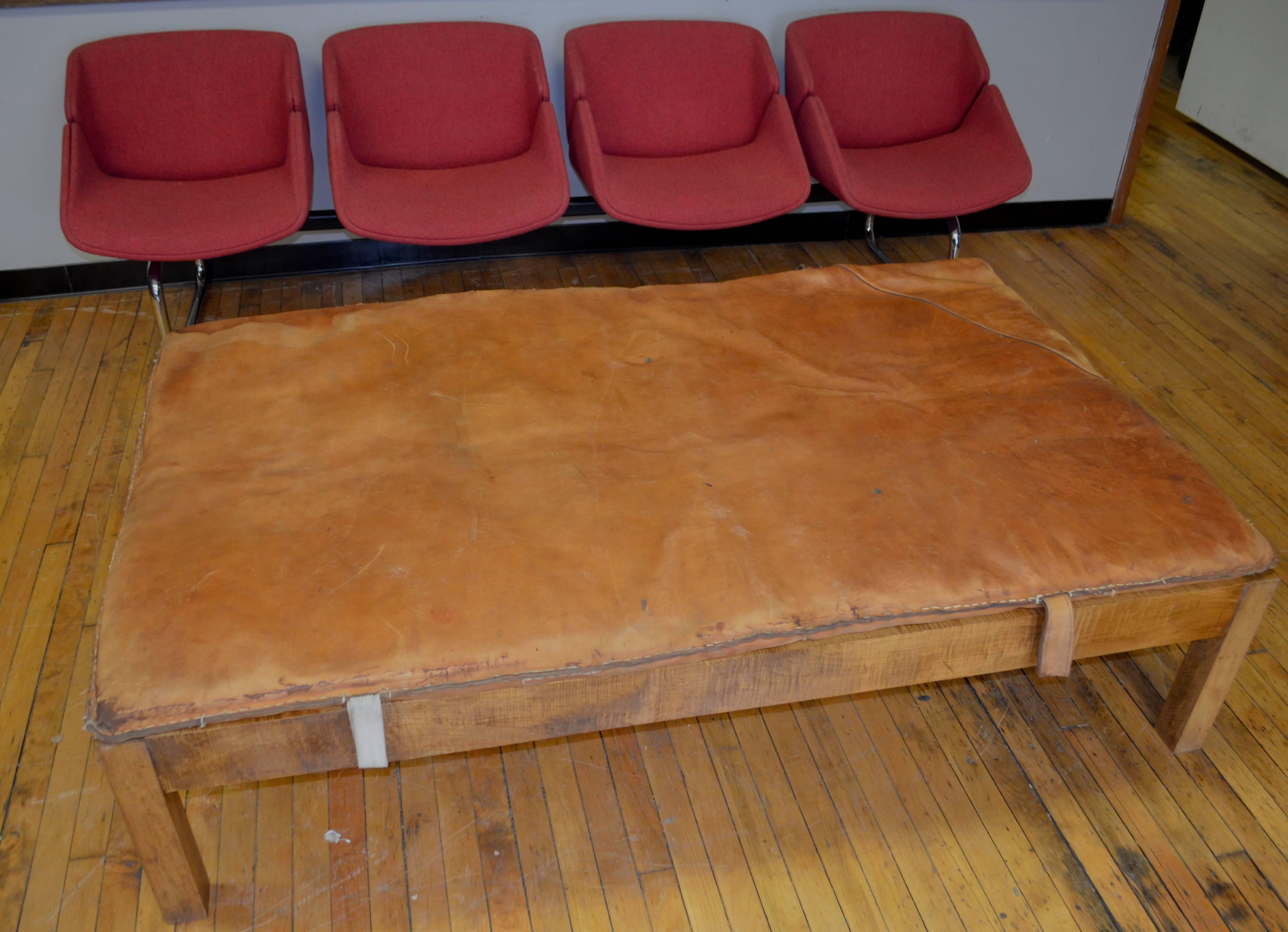 German Coffee Table/Ottoman with Vintage Gymnasium Leather Mat Atop Crafted Wood Frame