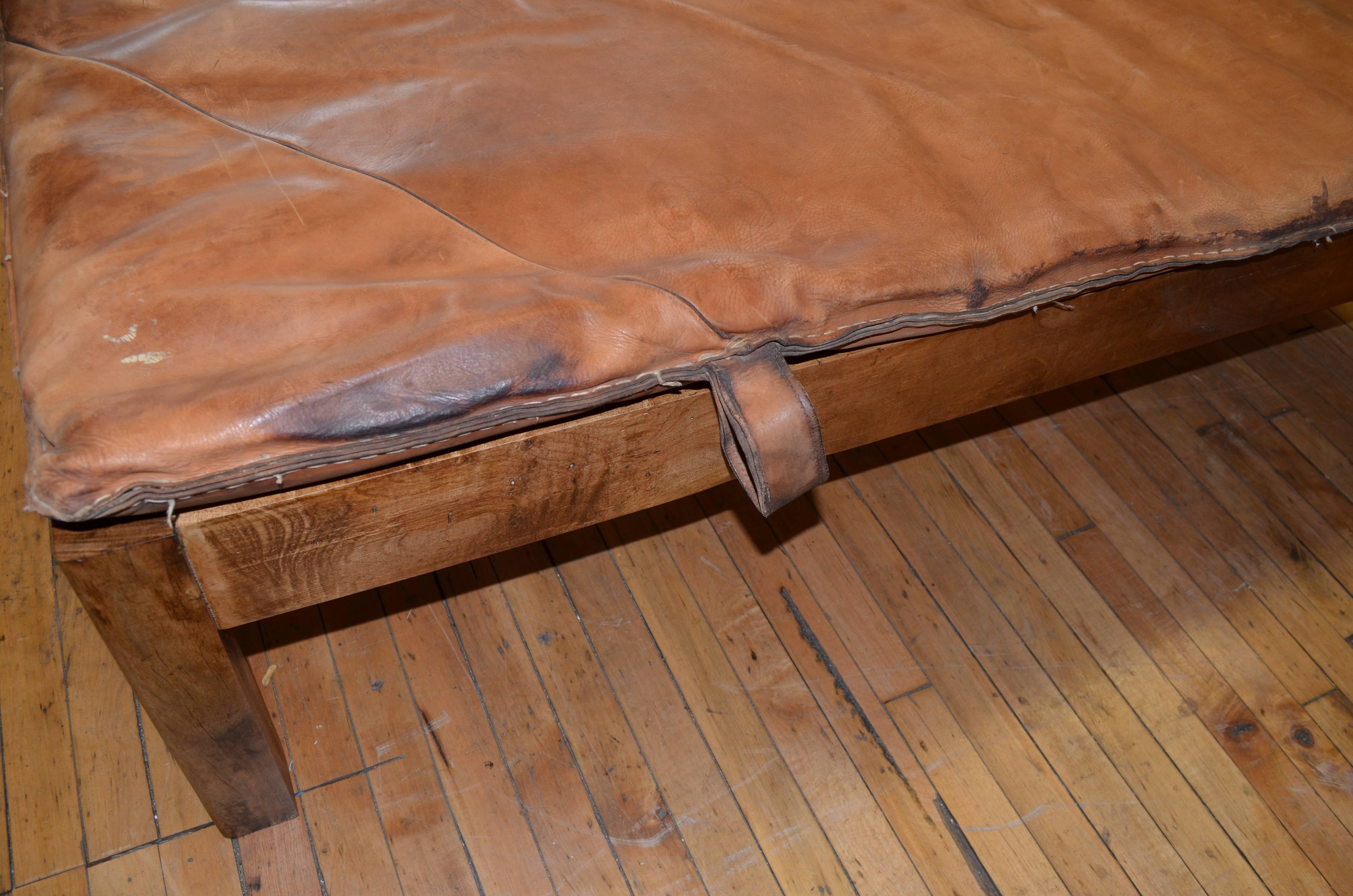 20th Century Coffee Table/Ottoman with Vintage Gymnasium Leather Mat Atop Crafted Wood Frame