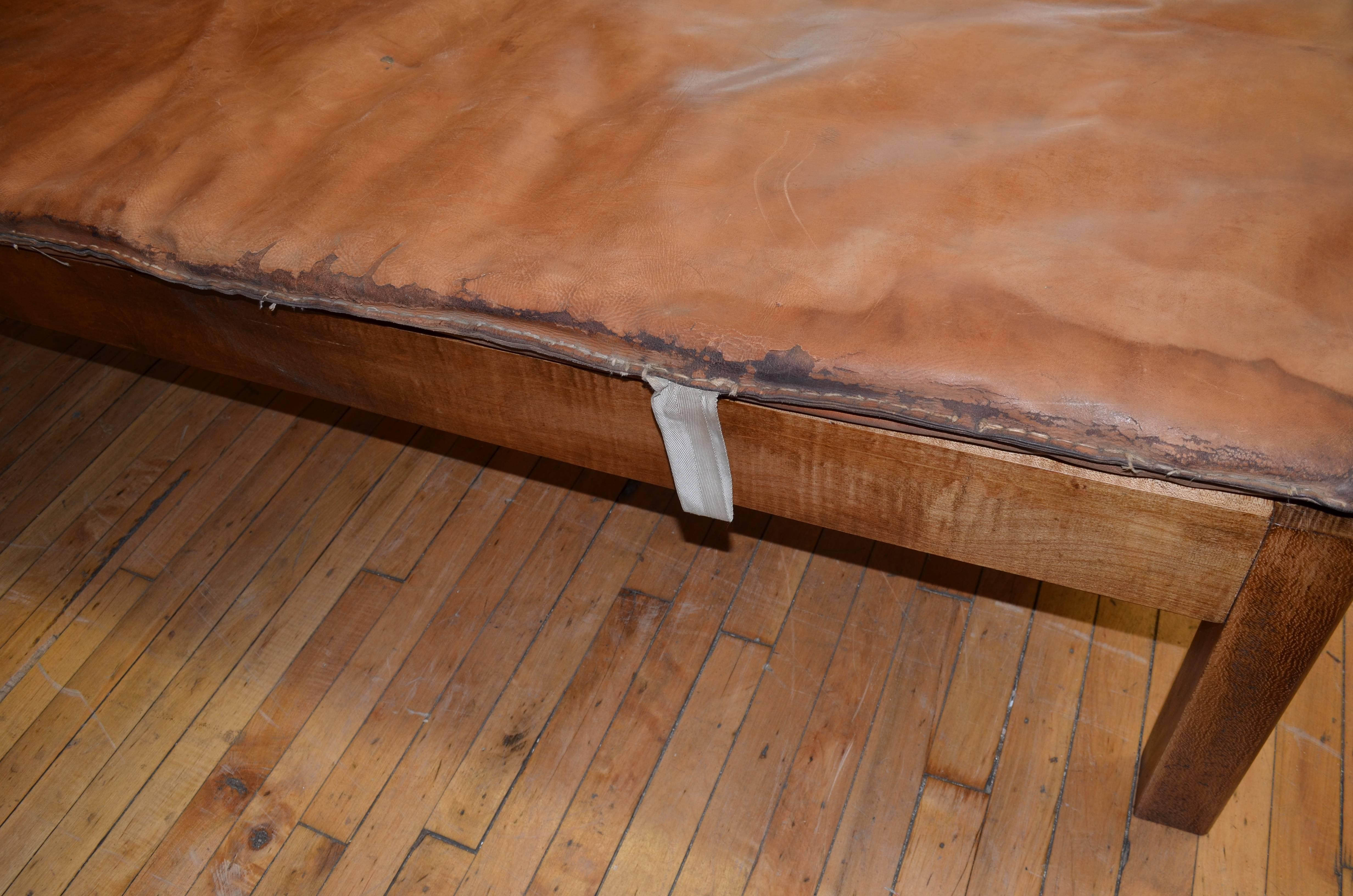 Coffee Table/Ottoman with Vintage Gymnasium Leather Mat Atop Crafted Wood Frame 1