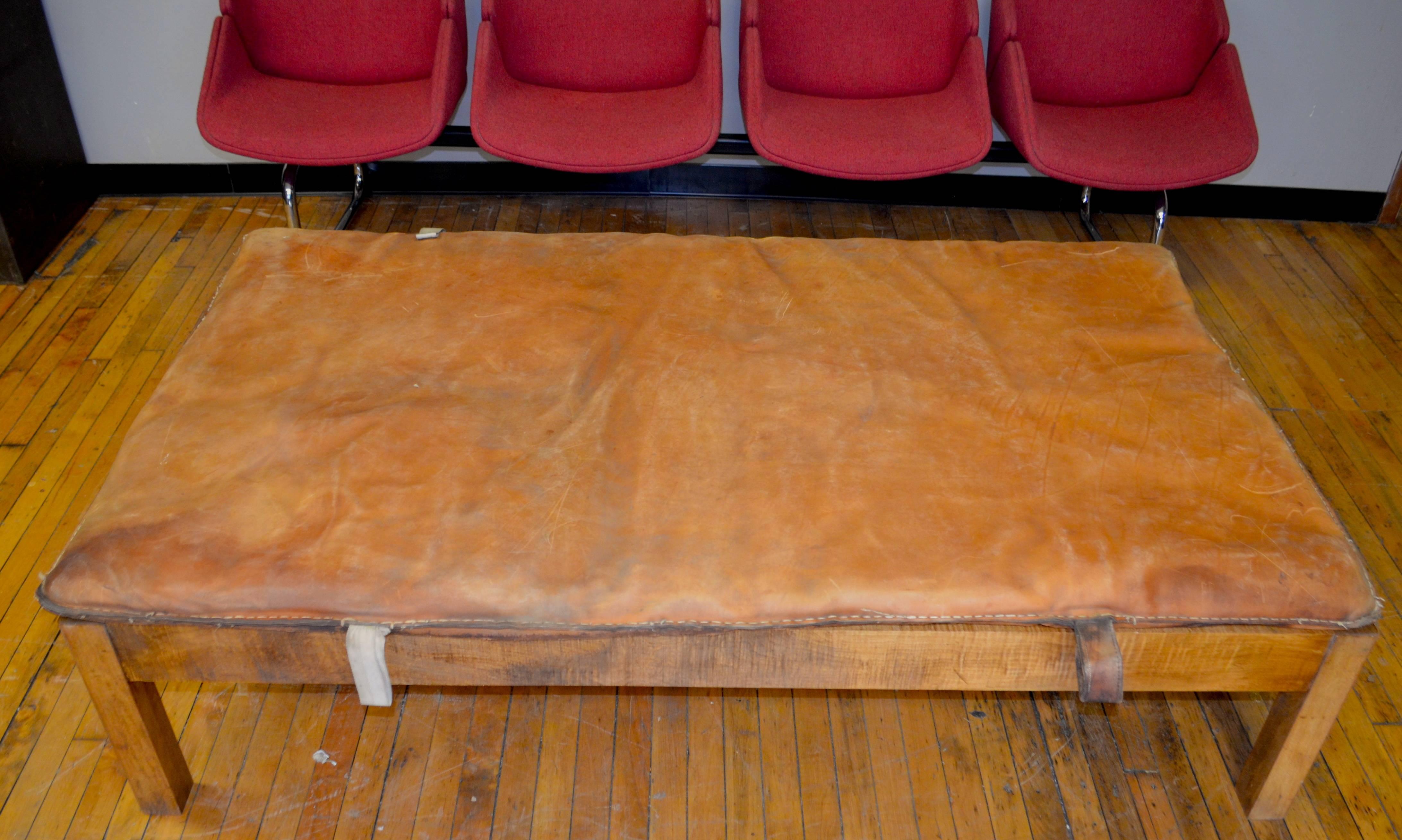Coffee Table/Ottoman with Vintage Gymnasium Leather Mat Atop Crafted Wood Frame 2