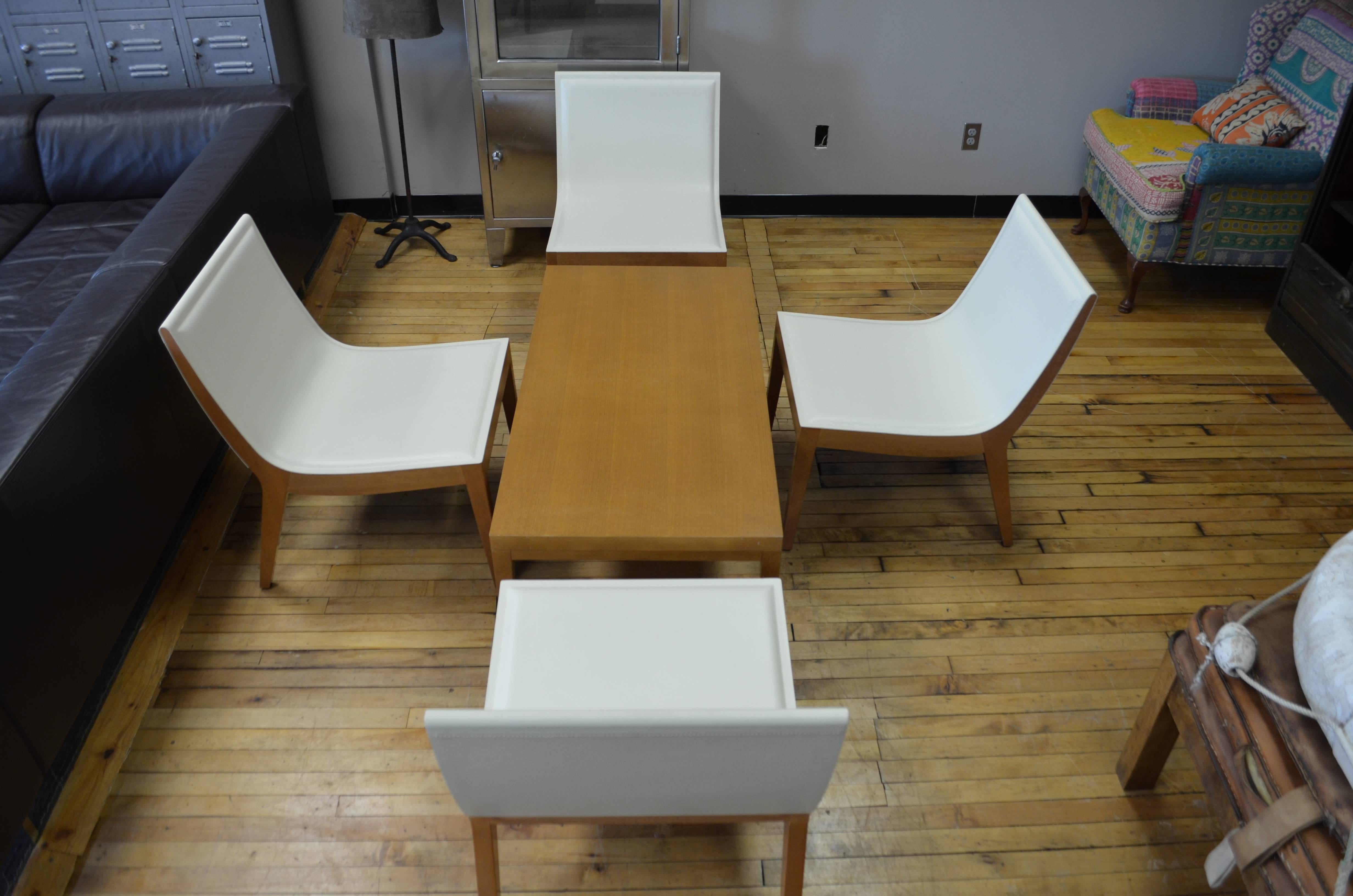 Modern Dining - Hospitality Chairs of White Italian Leather with Maple Coffee Table