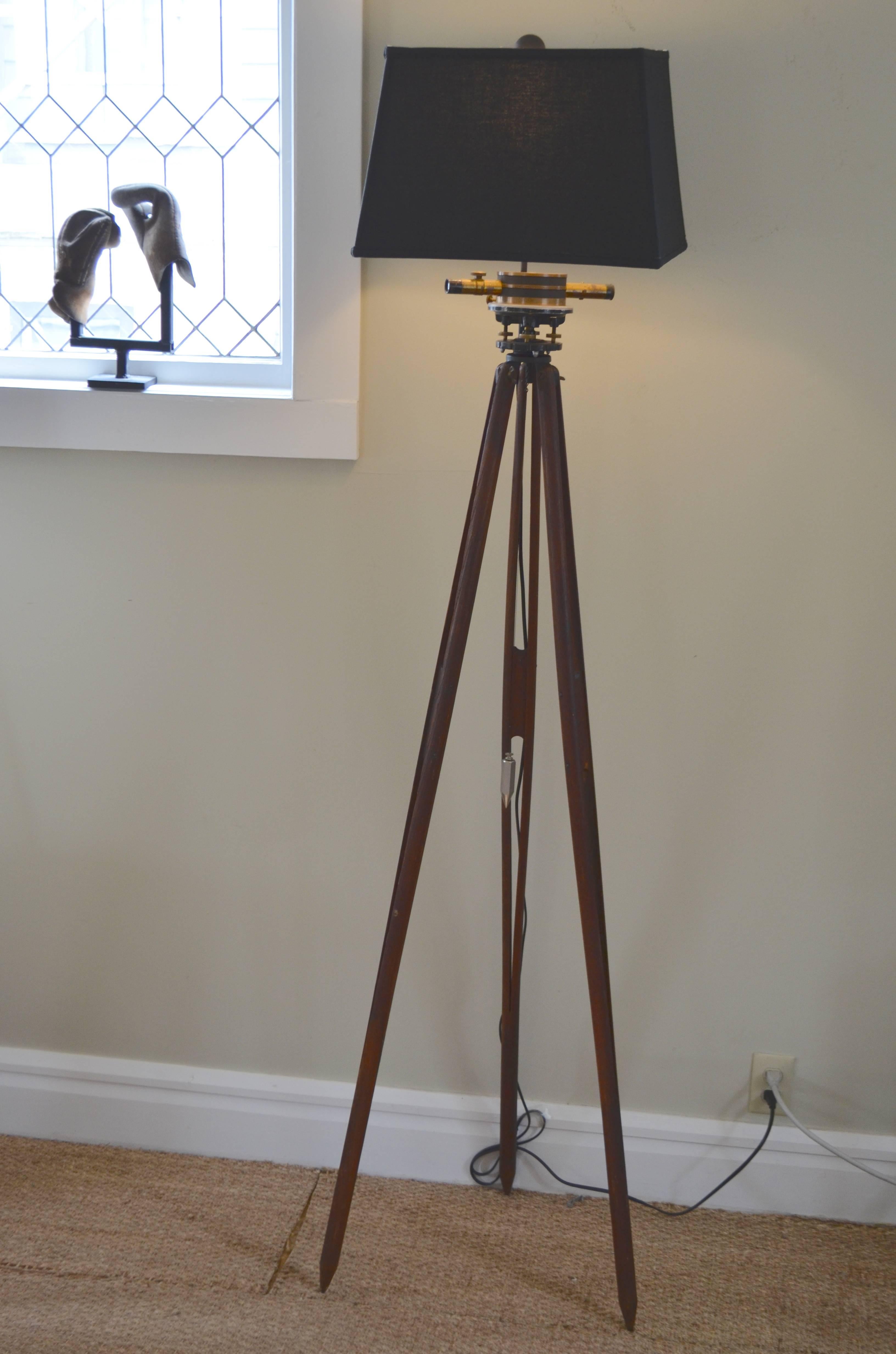 American Floor Lamp Fashioned from Surveyor's Tripod with Telescoping Brass Hardware