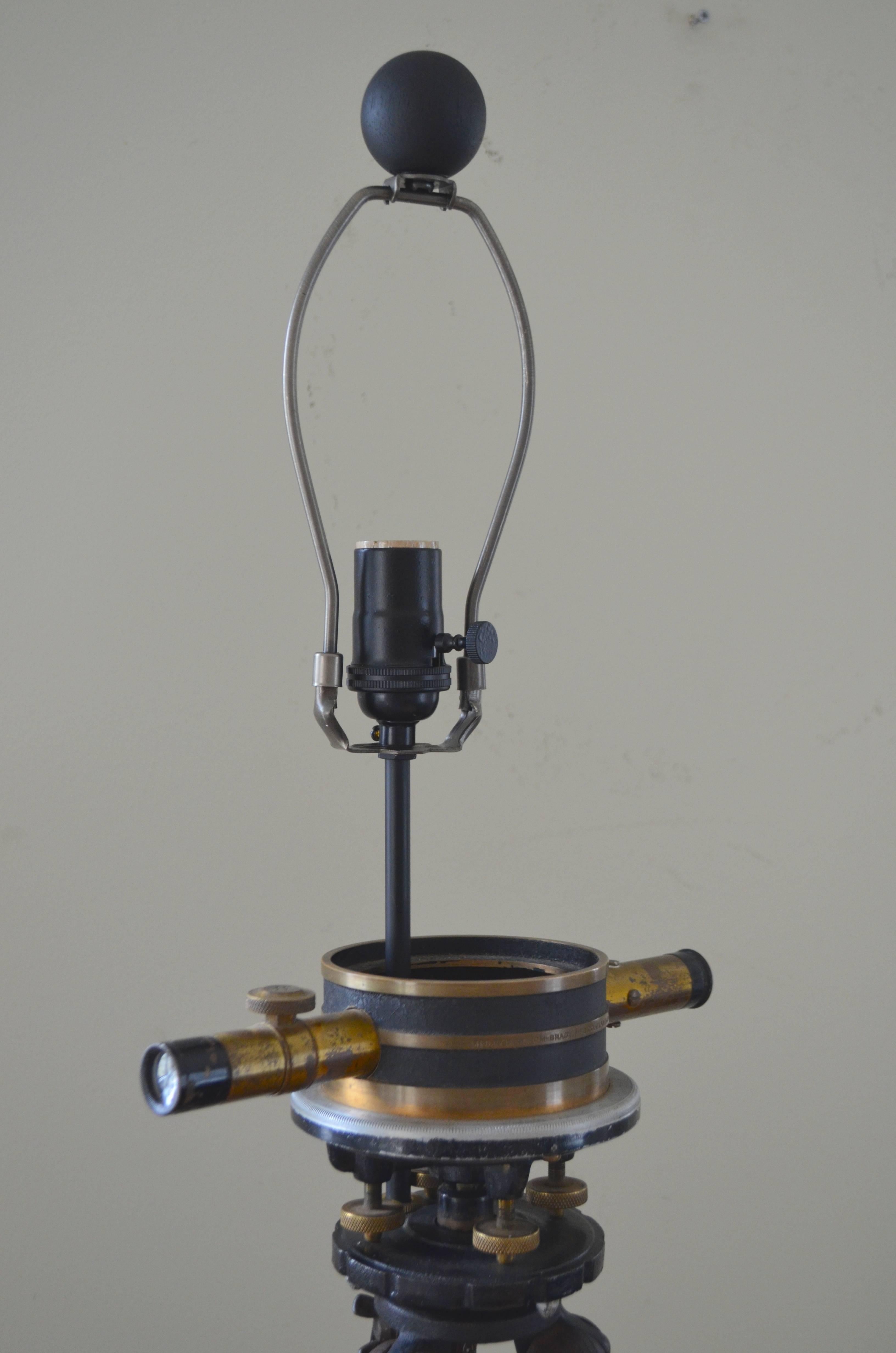 Floor Lamp Fashioned from Surveyor's Tripod with Telescoping Brass Hardware 2