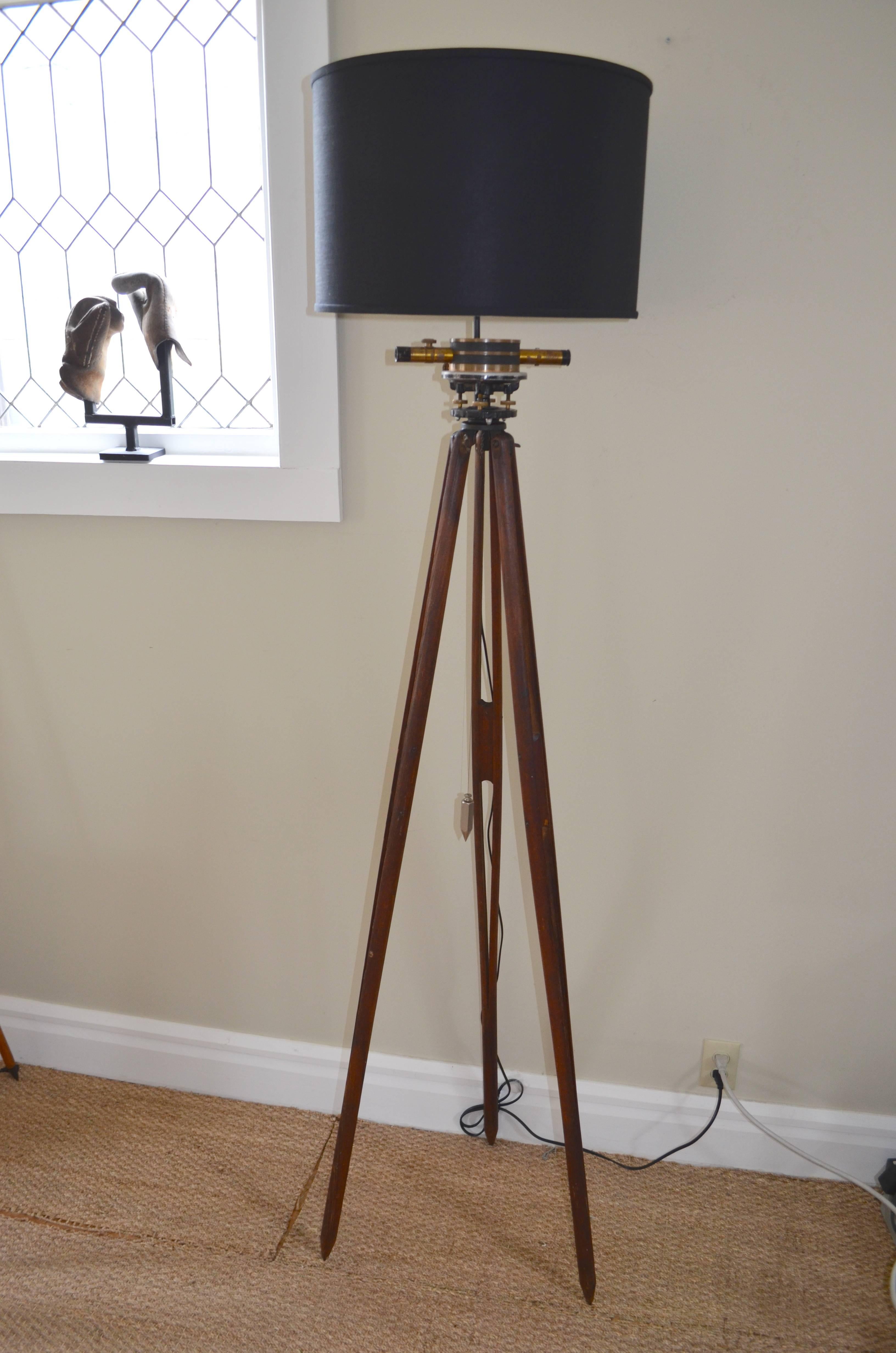 Floor Lamp Fashioned from Surveyor's Tripod with Telescoping Brass Hardware 4