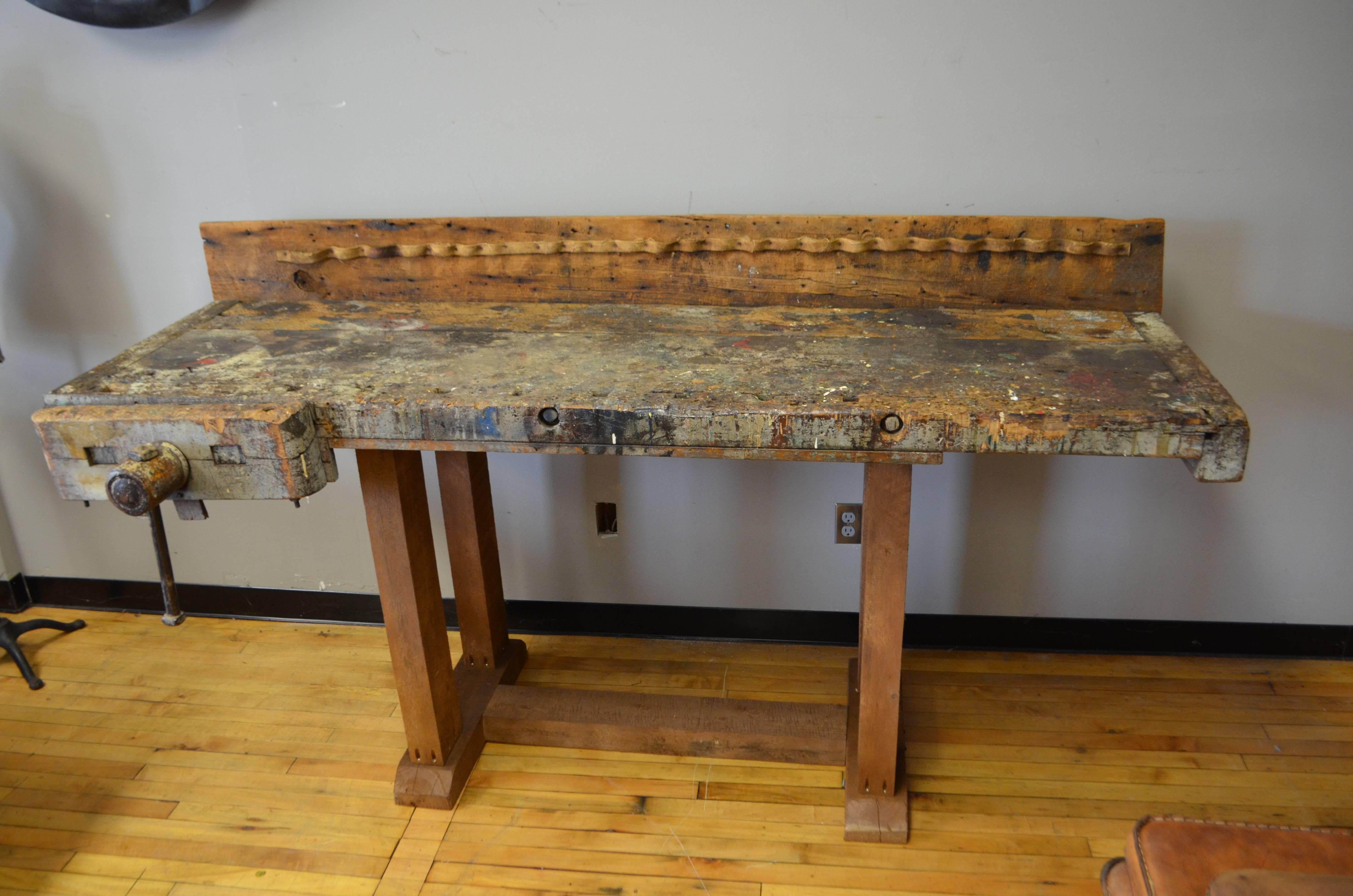 Primitive Butcher Block Woodworker's Table on Reclaimed Wooden Base, Late 1800s