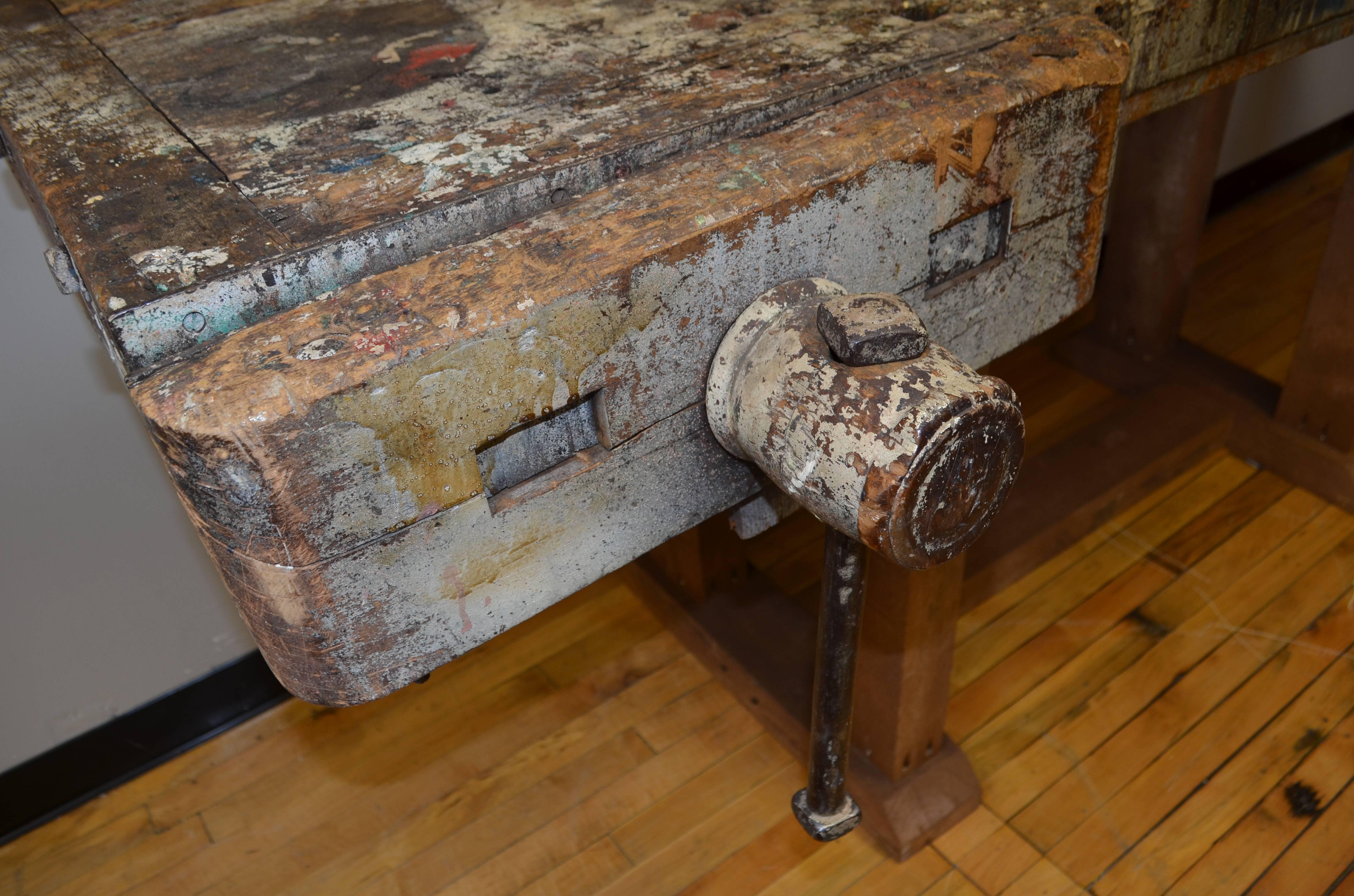 Butcher Block Woodworker's Table on Reclaimed Wooden Base, Late 1800s In Excellent Condition In Madison, WI