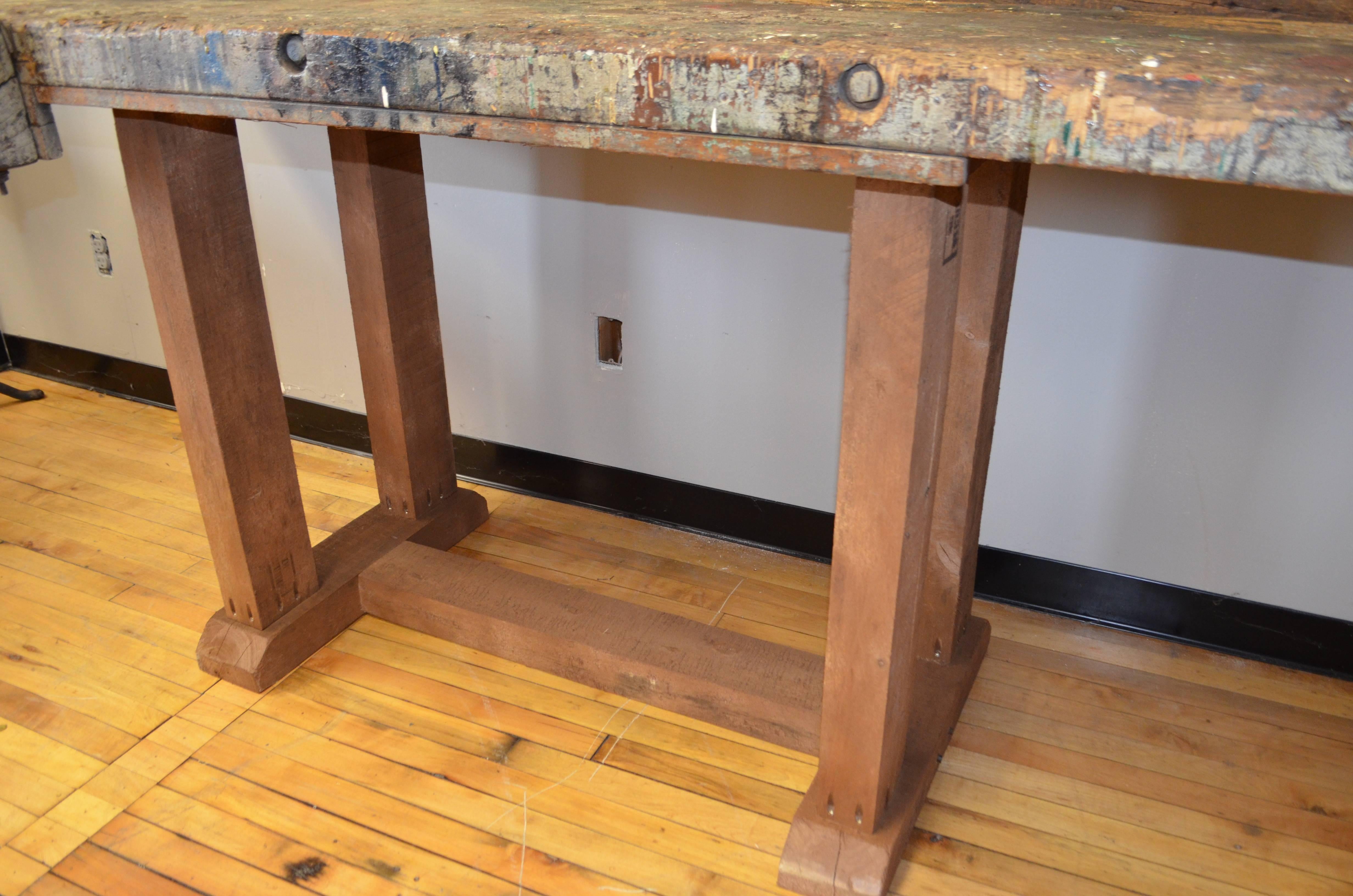 Butcher Block Woodworker's Table on Reclaimed Wooden Base, Late 1800s 3