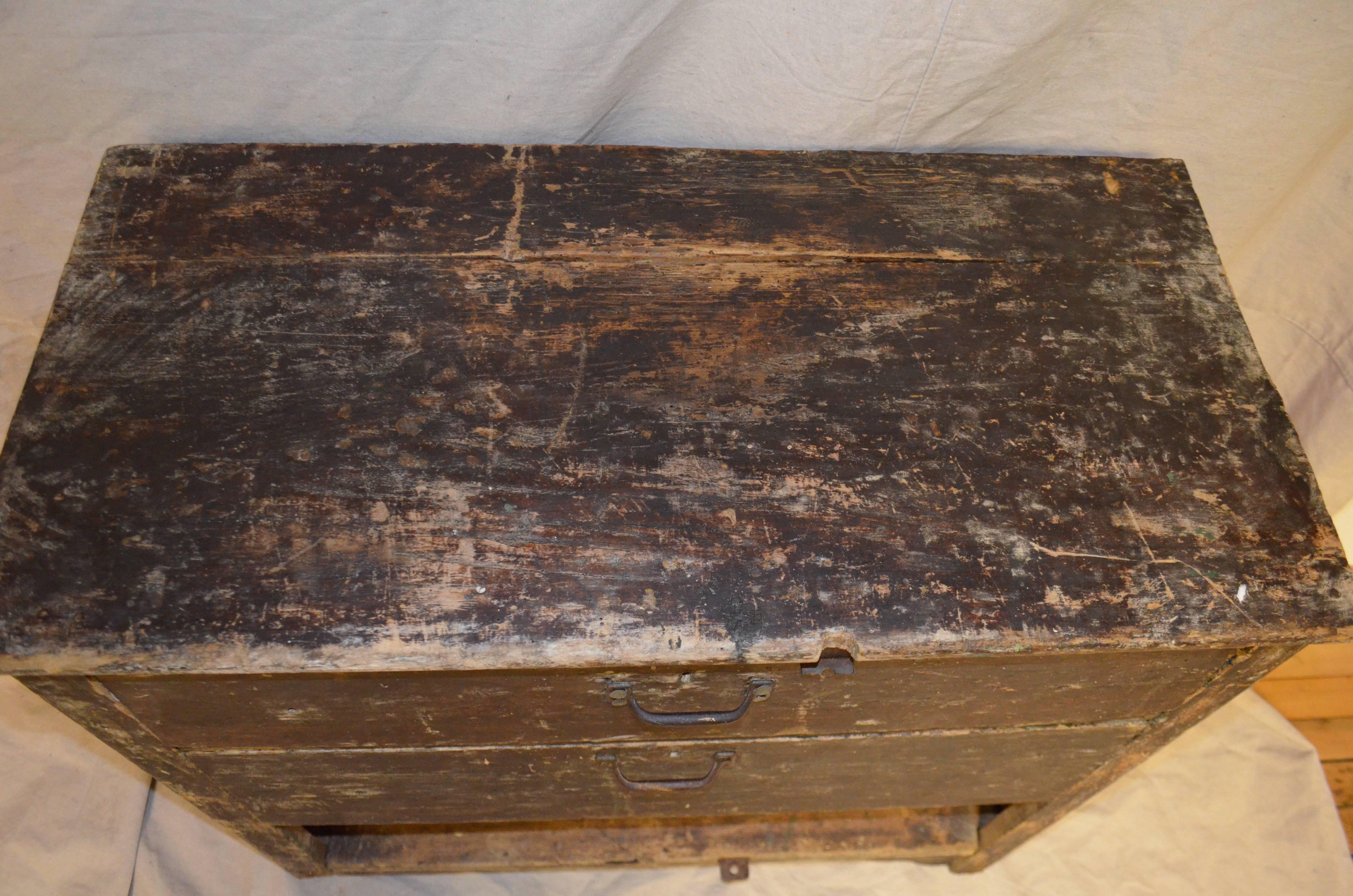 19th Century Primitive Wooden Two-Drawer Cabinet