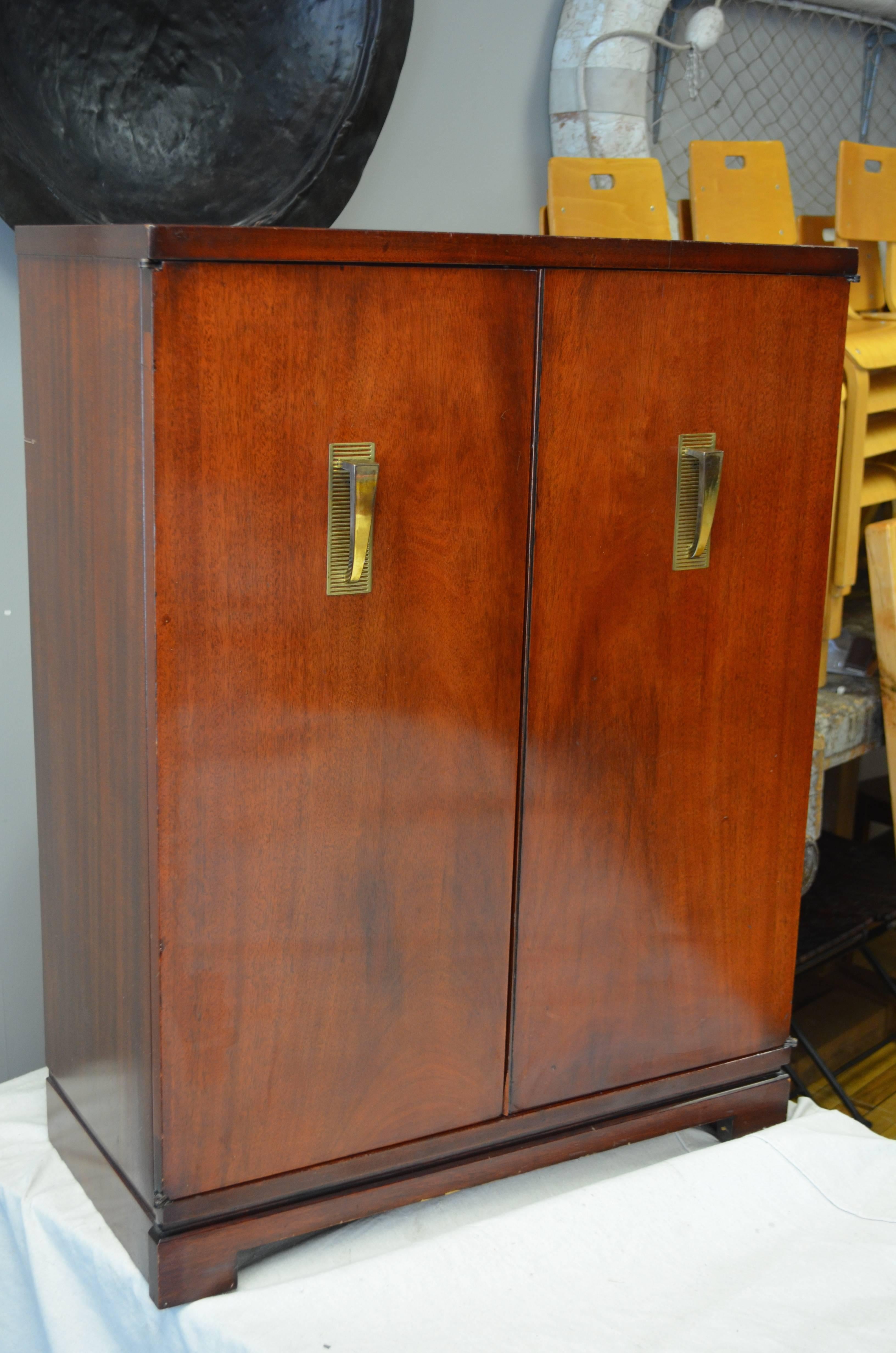 Mid-Century Bar or Storage Cabinet with Brass Deco Pulls In Excellent Condition In Madison, WI