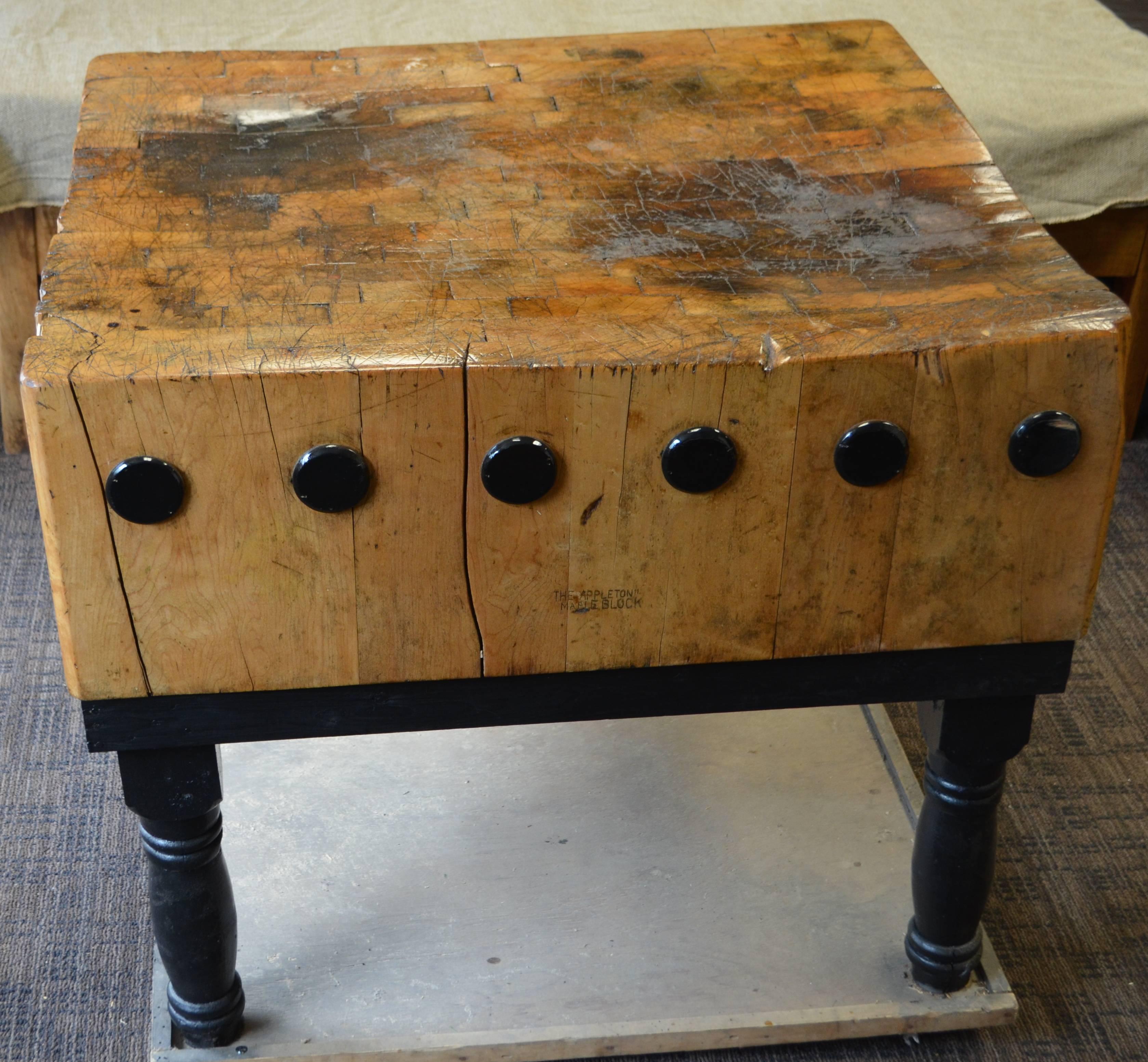 Late 1800s, maple butcher block came from a small town meat market. A century before warehouse foods and big box supermarkets there was the local market with meat counter run by immigrant settlers who brought their expertise in meats to America.