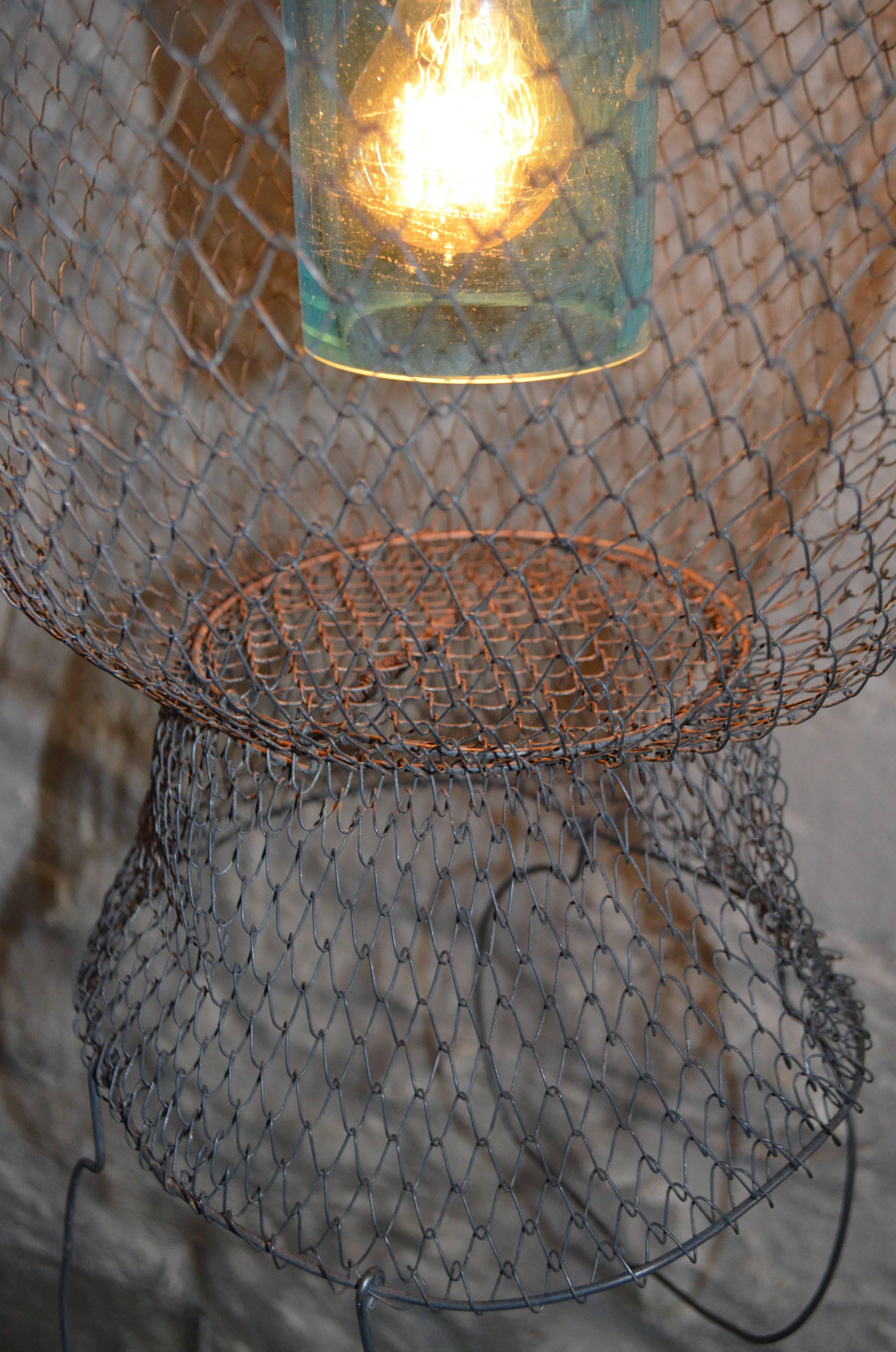 Pendant Light from Seltzer Bottle Suspended in French, Steel Mesh Fish Basket 2