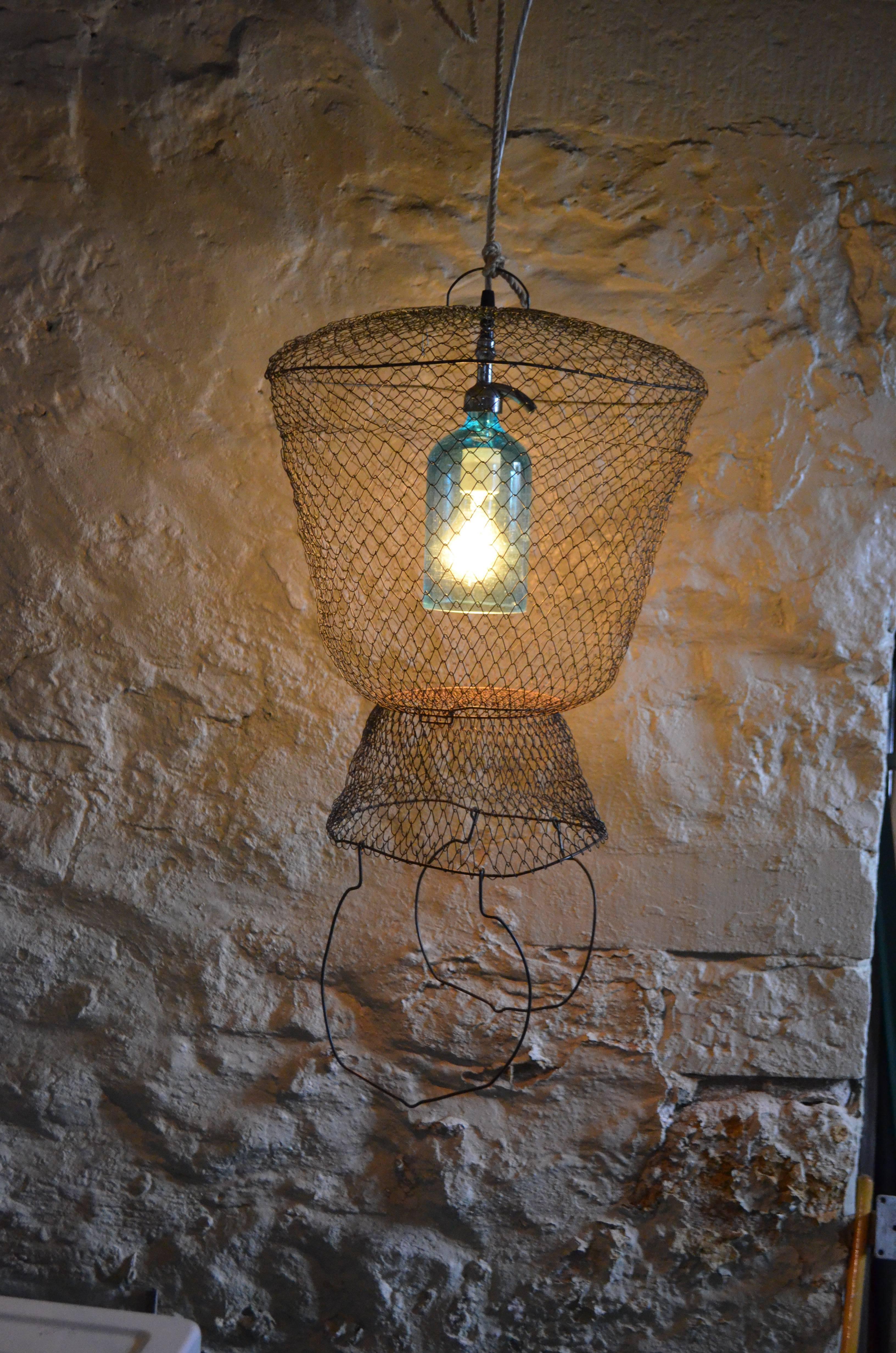 20th Century Pendant Light from Seltzer Bottle Suspended in French, Steel Mesh Fish Basket