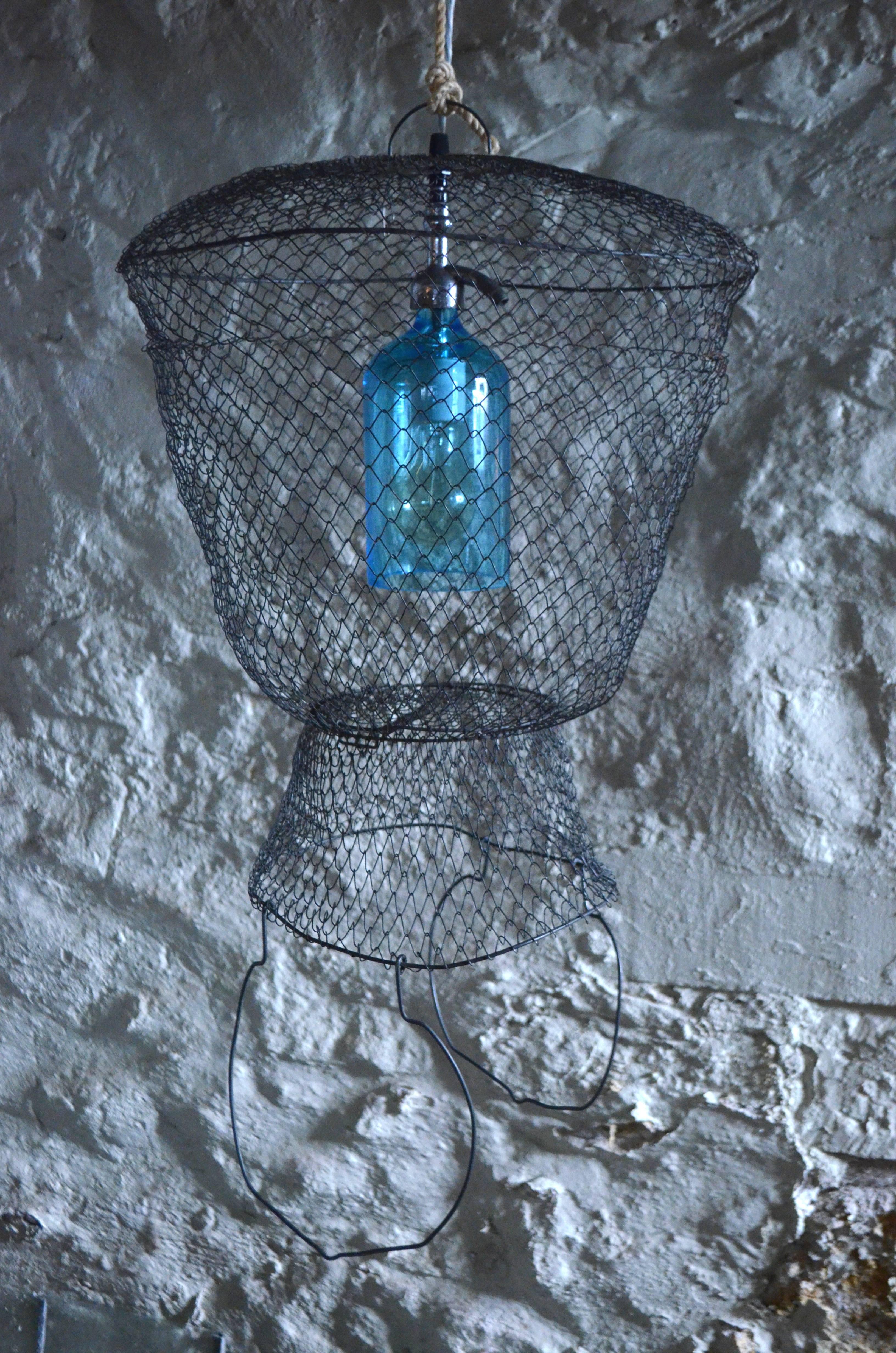 Pendant Light from Seltzer Bottle Suspended in French, Steel Mesh Fish Basket 3