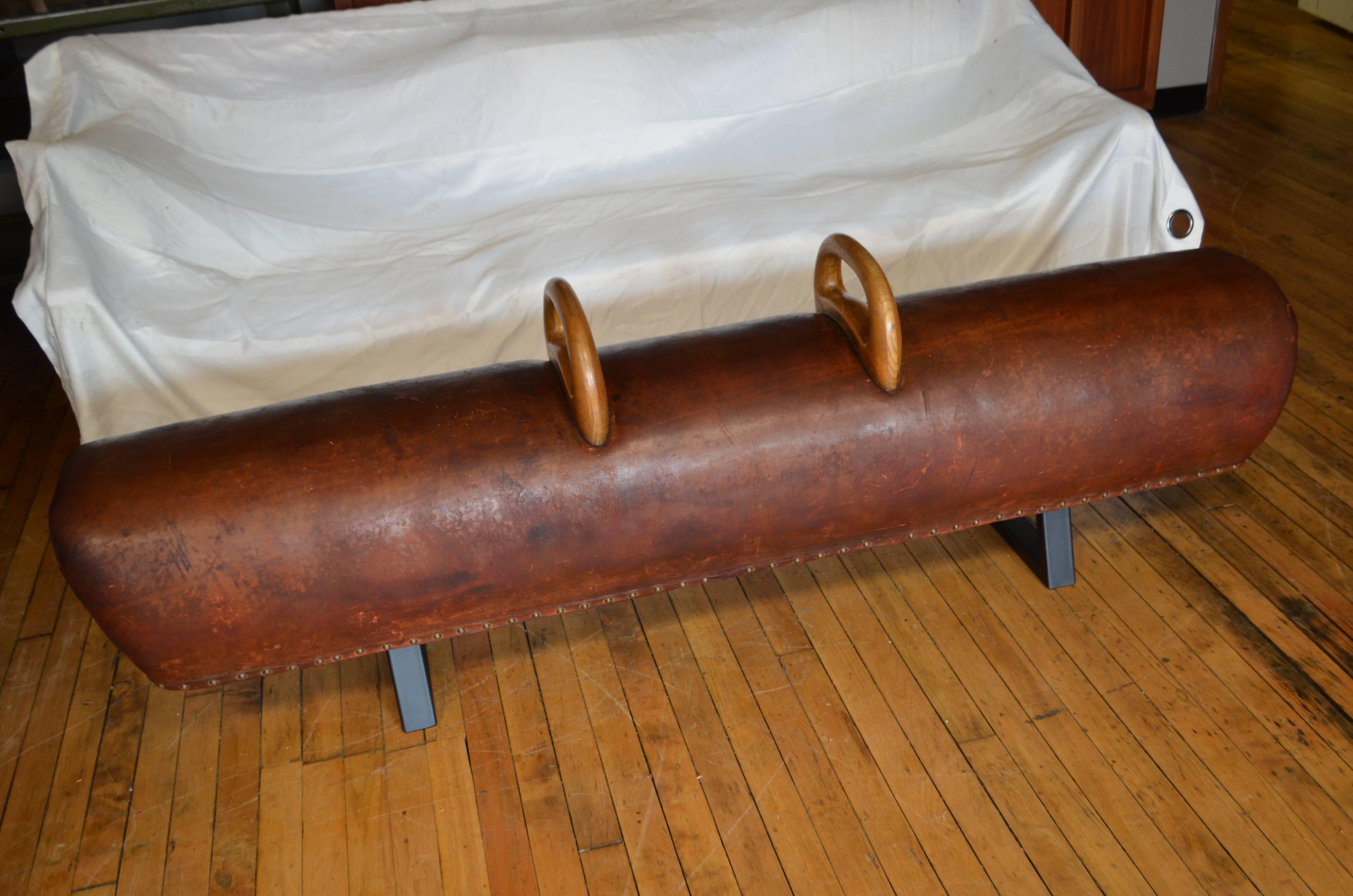 American Bench from Vintage Leather Gym Pommel Horse with Steel Bracket Legs