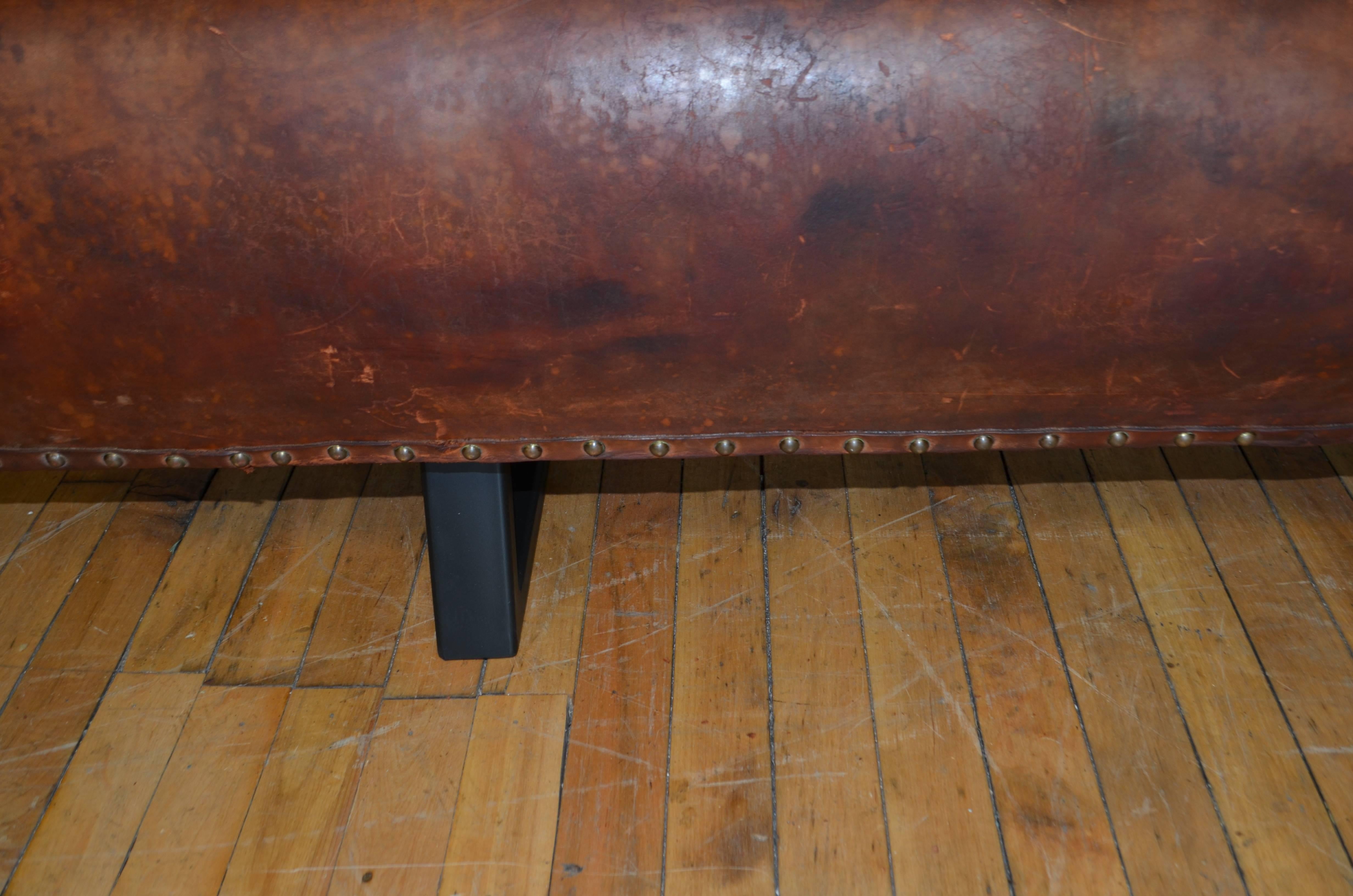 Bench from Vintage Leather Gym Pommel Horse with Steel Bracket Legs In Excellent Condition In Madison, WI