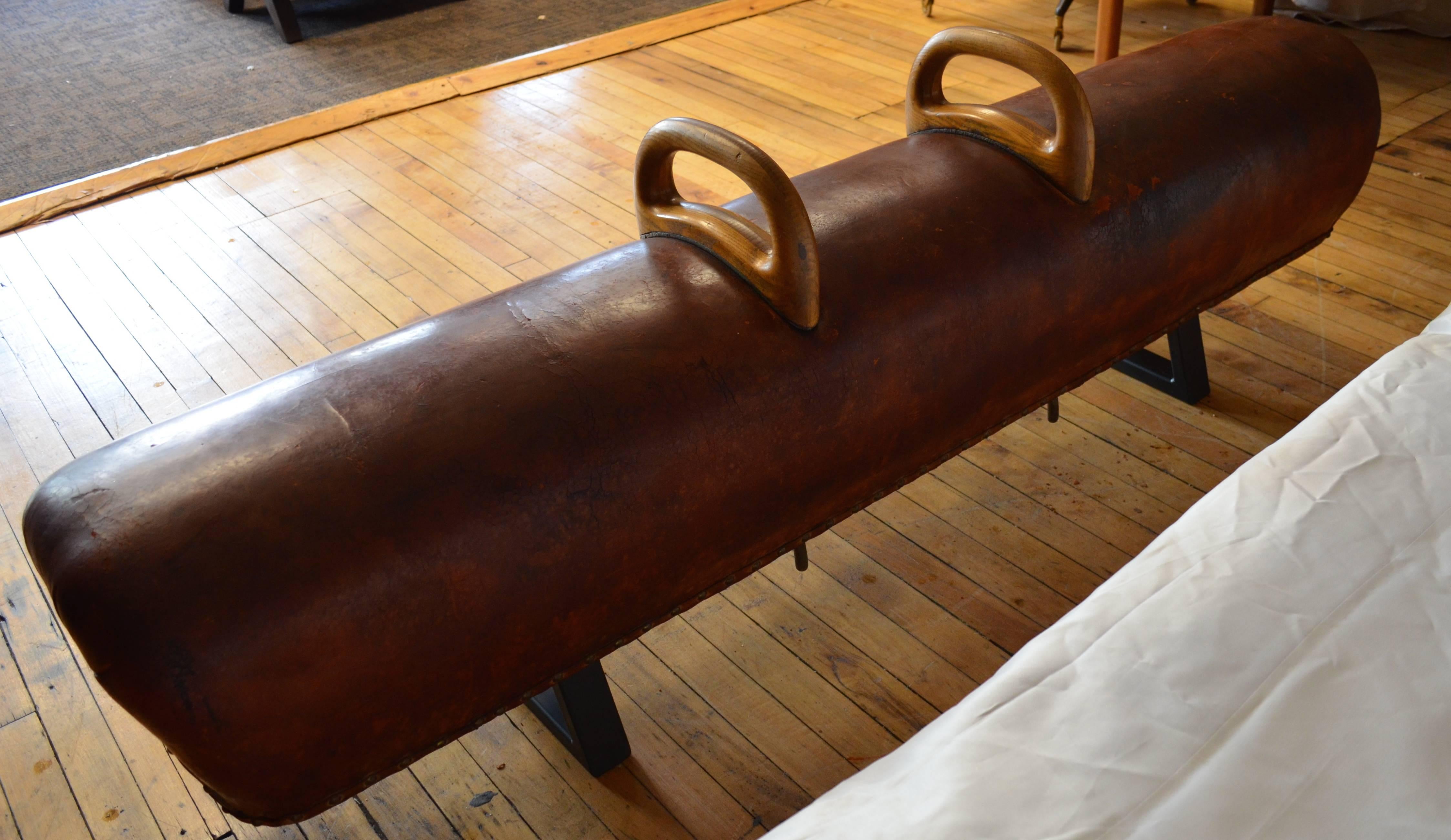 20th Century Bench from Vintage Leather Gym Pommel Horse with Steel Bracket Legs